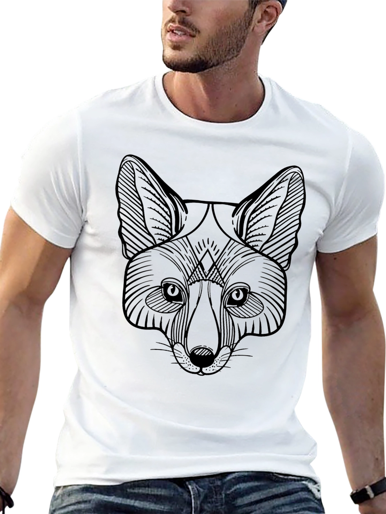 Geometric Fox Graphic Tee - Black Crew Neck