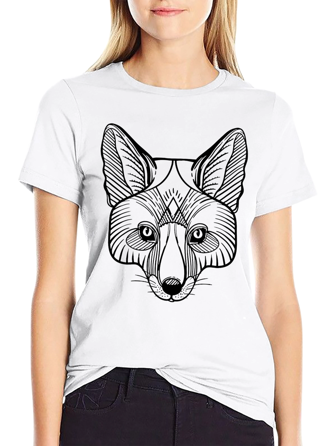 Geometric Fox Graphic Tee - Black Crew Neck