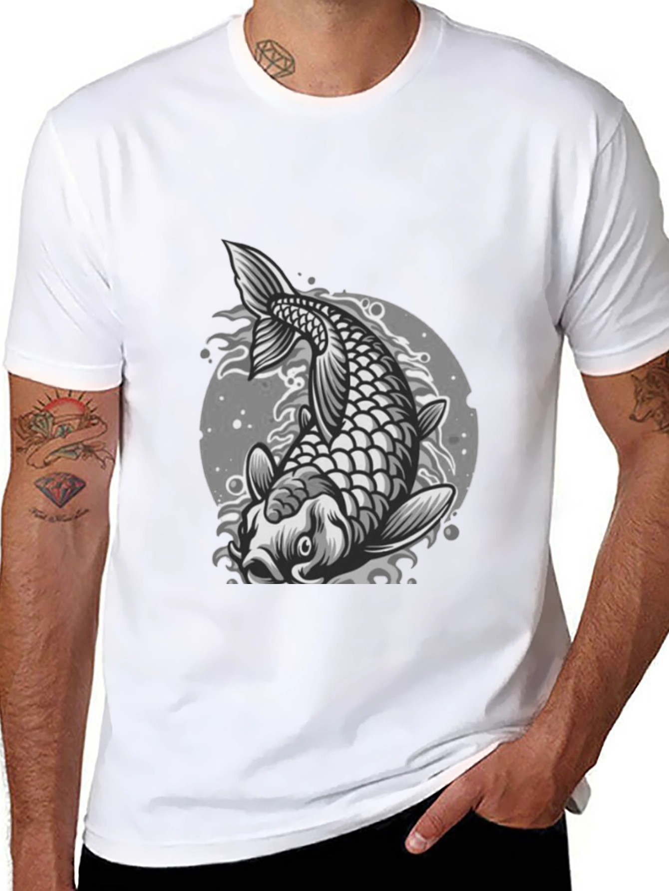Koi Fish Graphic Tee - Black Crew Neck T-Shirt