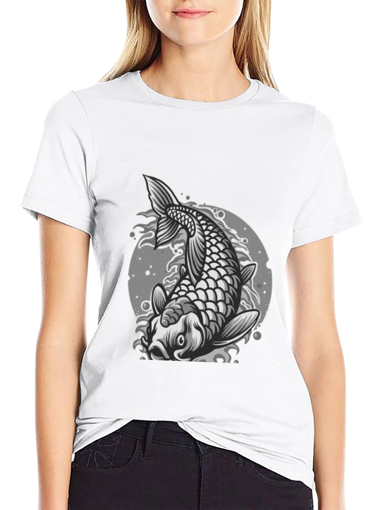 Koi Fish Graphic Tee - Black Crew Neck T-Shirt