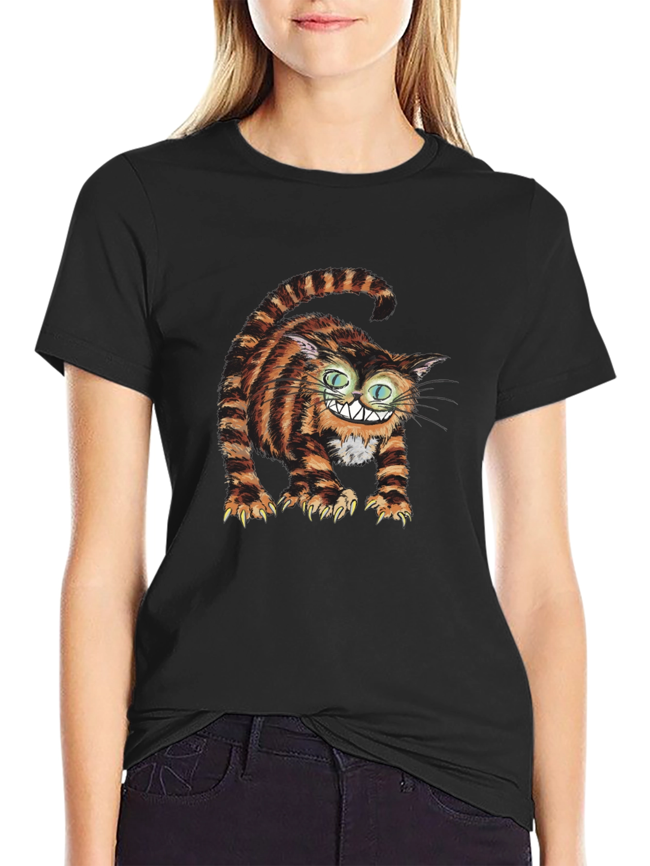 Grinning Cheshire Cat Graphic Tee - Black Cotton T-Shirt