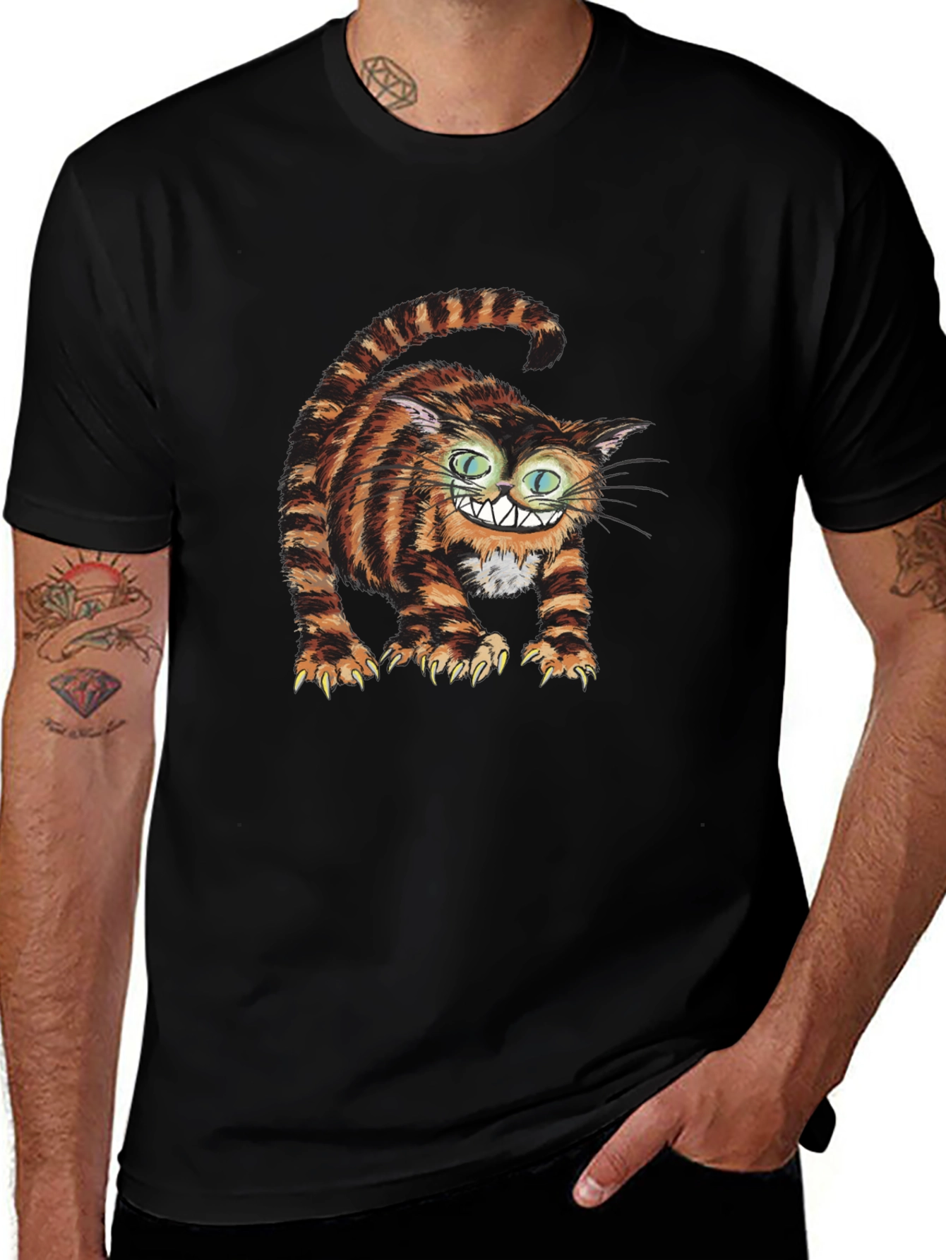 Grinning Cheshire Cat Graphic Tee - Black Cotton T-Shirt