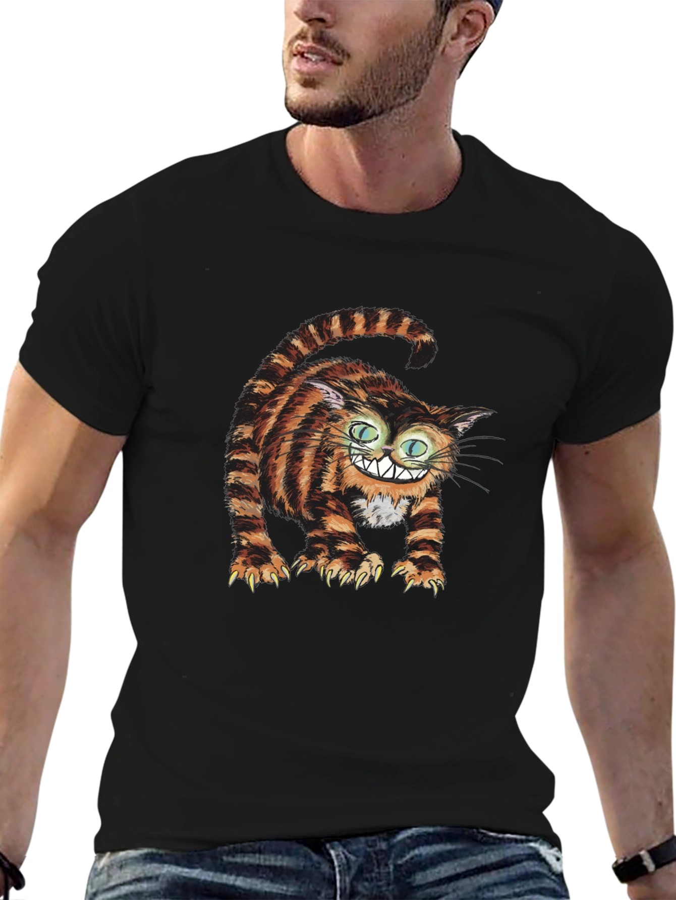 Grinning Cheshire Cat Graphic Tee - Black Cotton T-Shirt