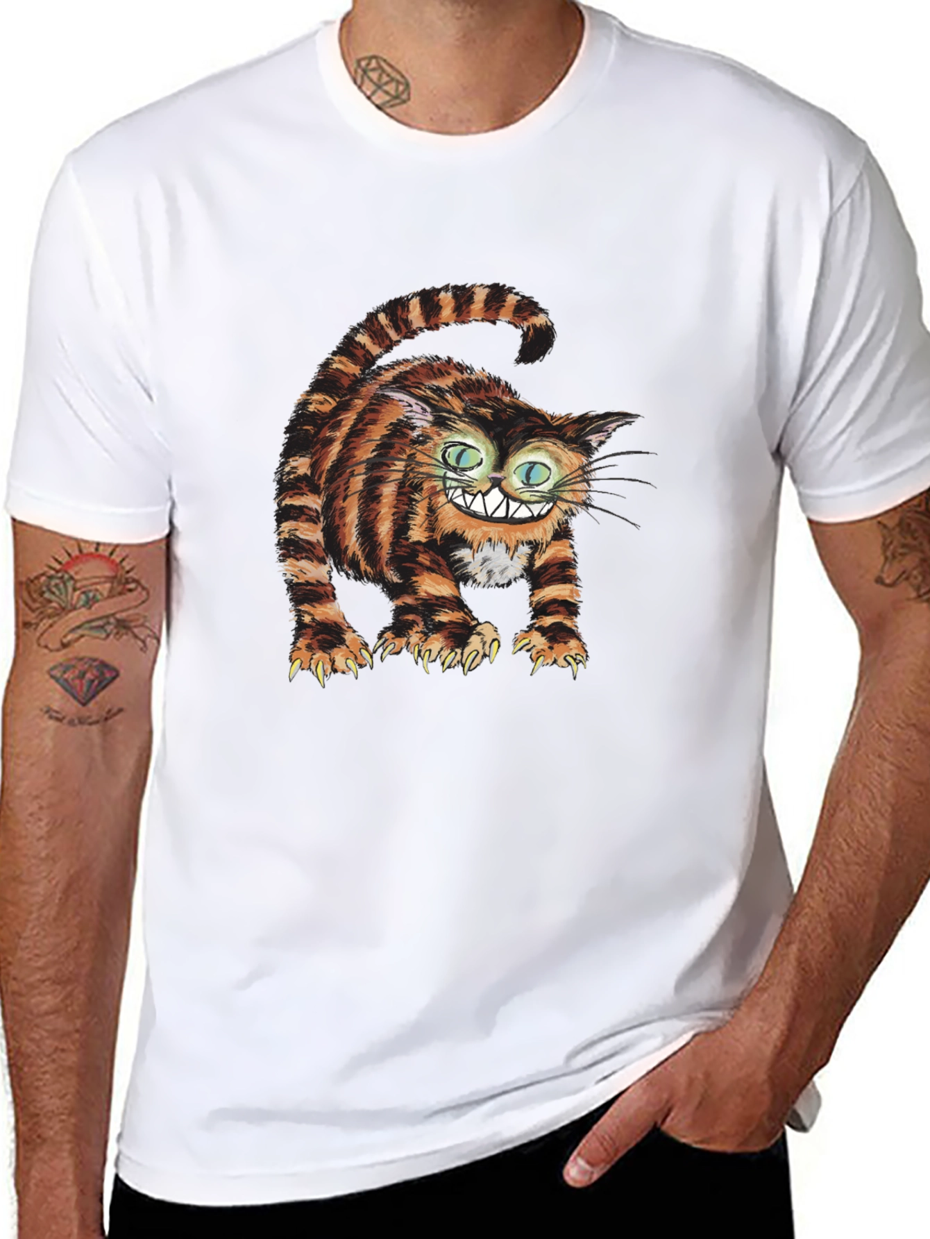 Grinning Cheshire Cat Graphic Tee - Black Cotton T-Shirt