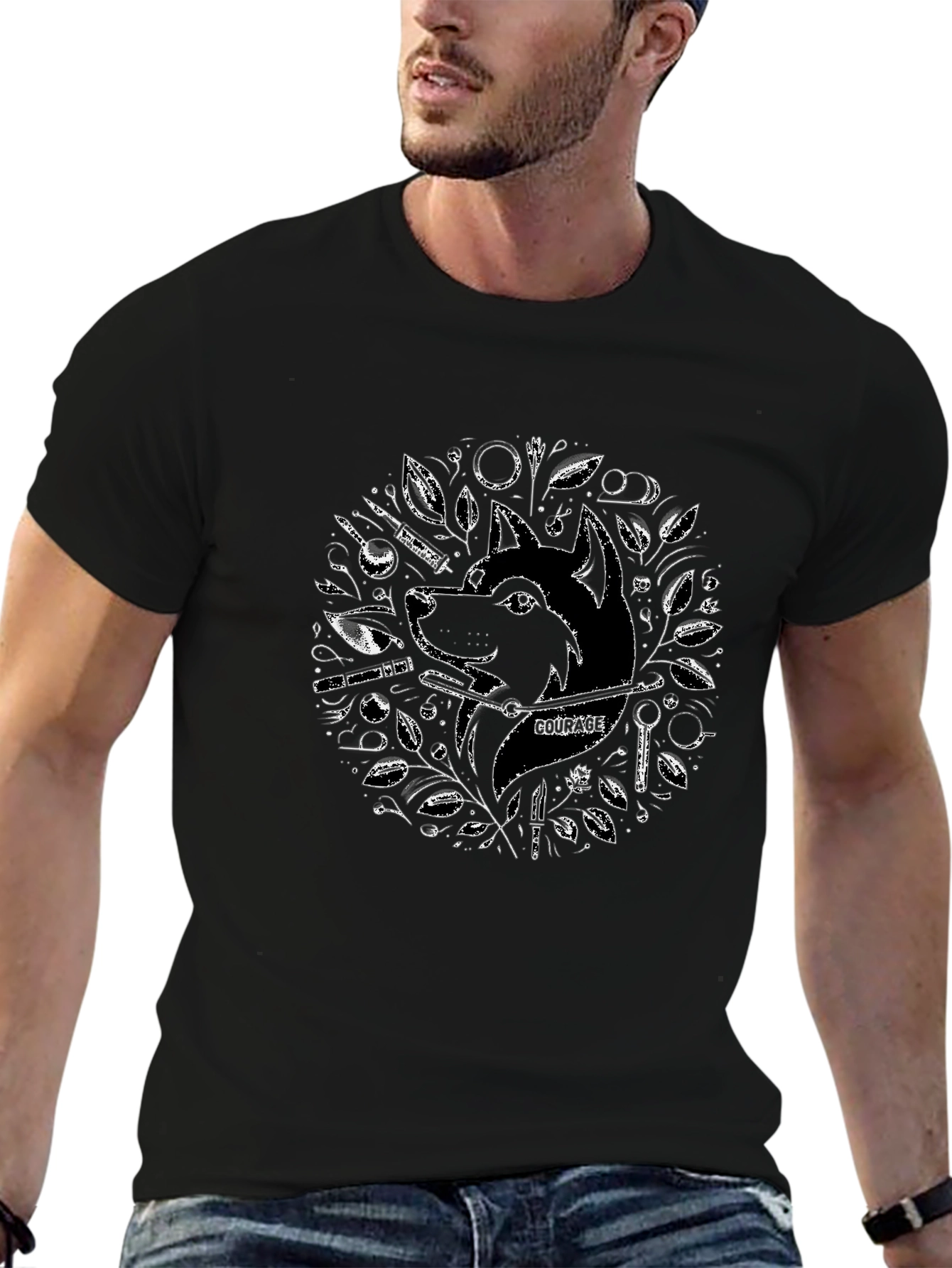 Courage Wolf Graphic Tee - Black Cotton Blend