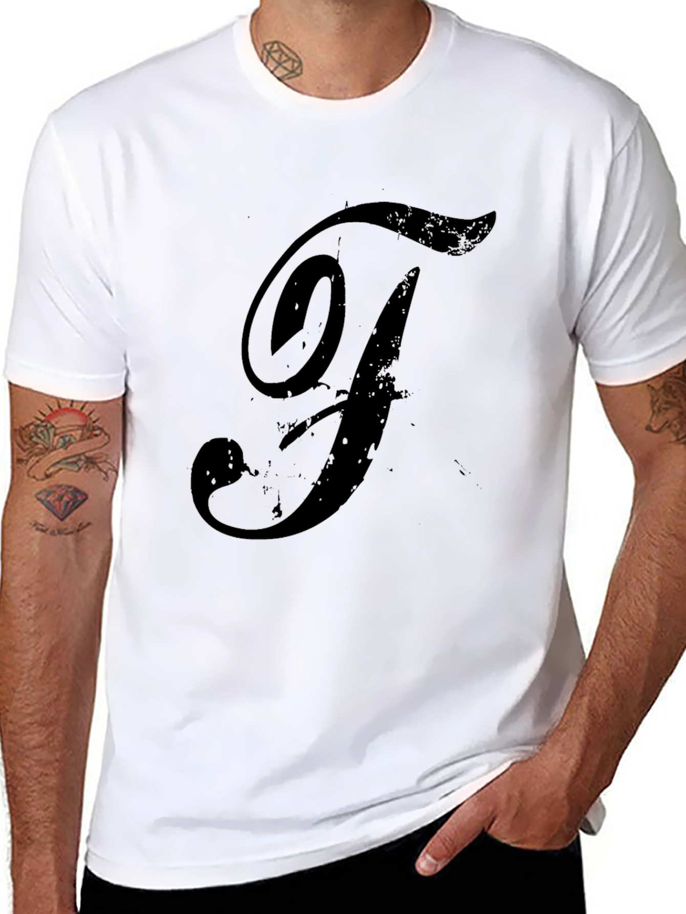 Mens Black T-Shirt with Distressed F Design