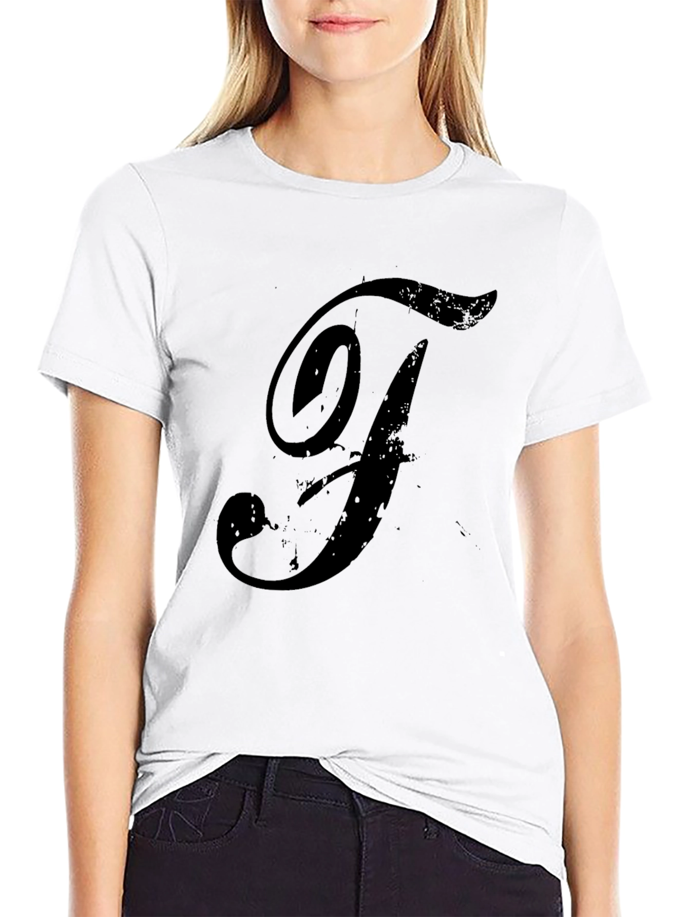 Mens Black T-Shirt with Distressed F Design
