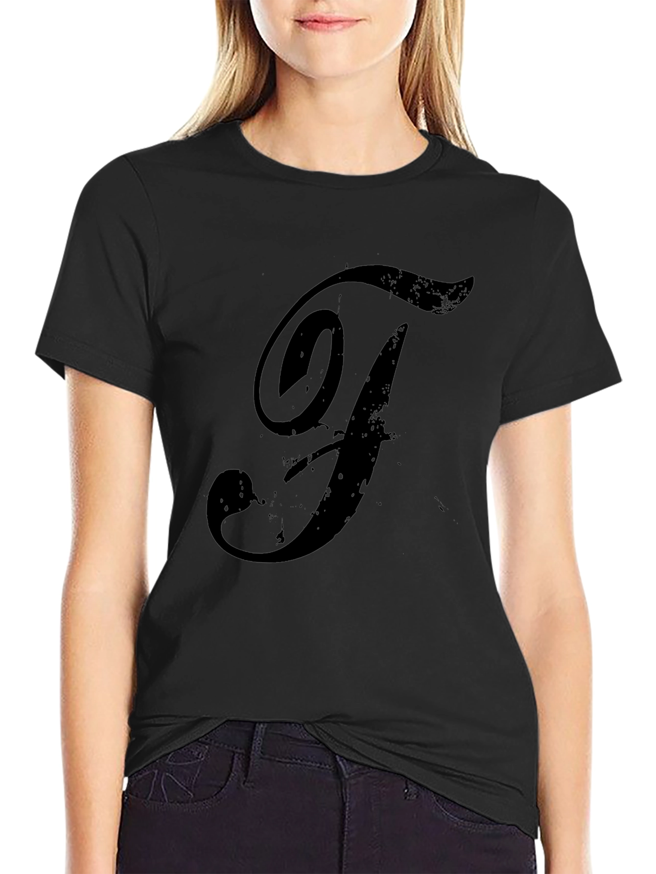Mens Black T-Shirt with Distressed F Design