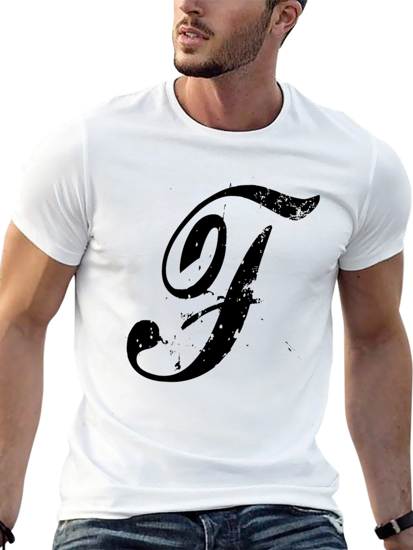 Mens Black T-Shirt with Distressed F Design