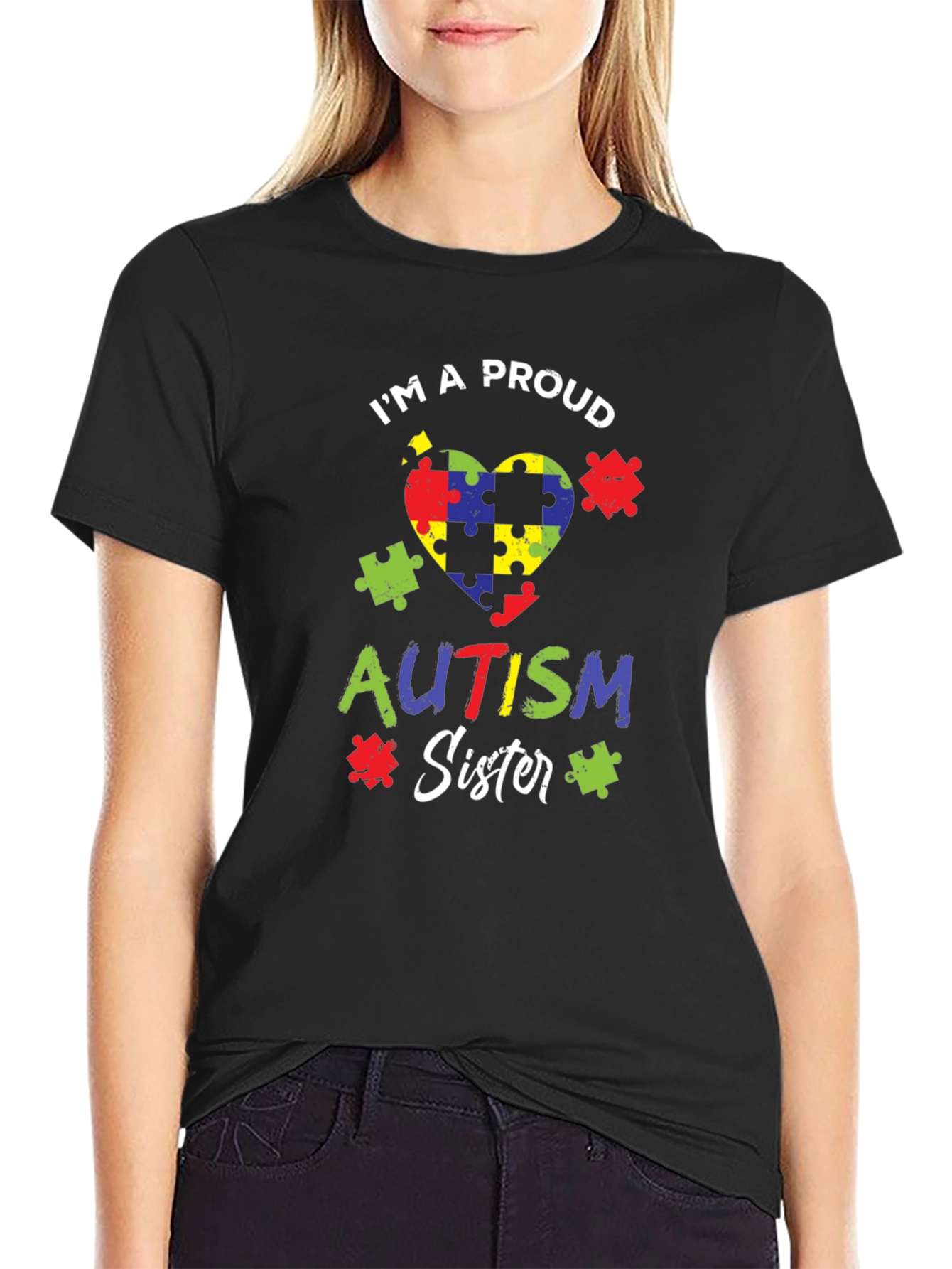 Proud Autism Sister Puzzle Heart T-Shirt