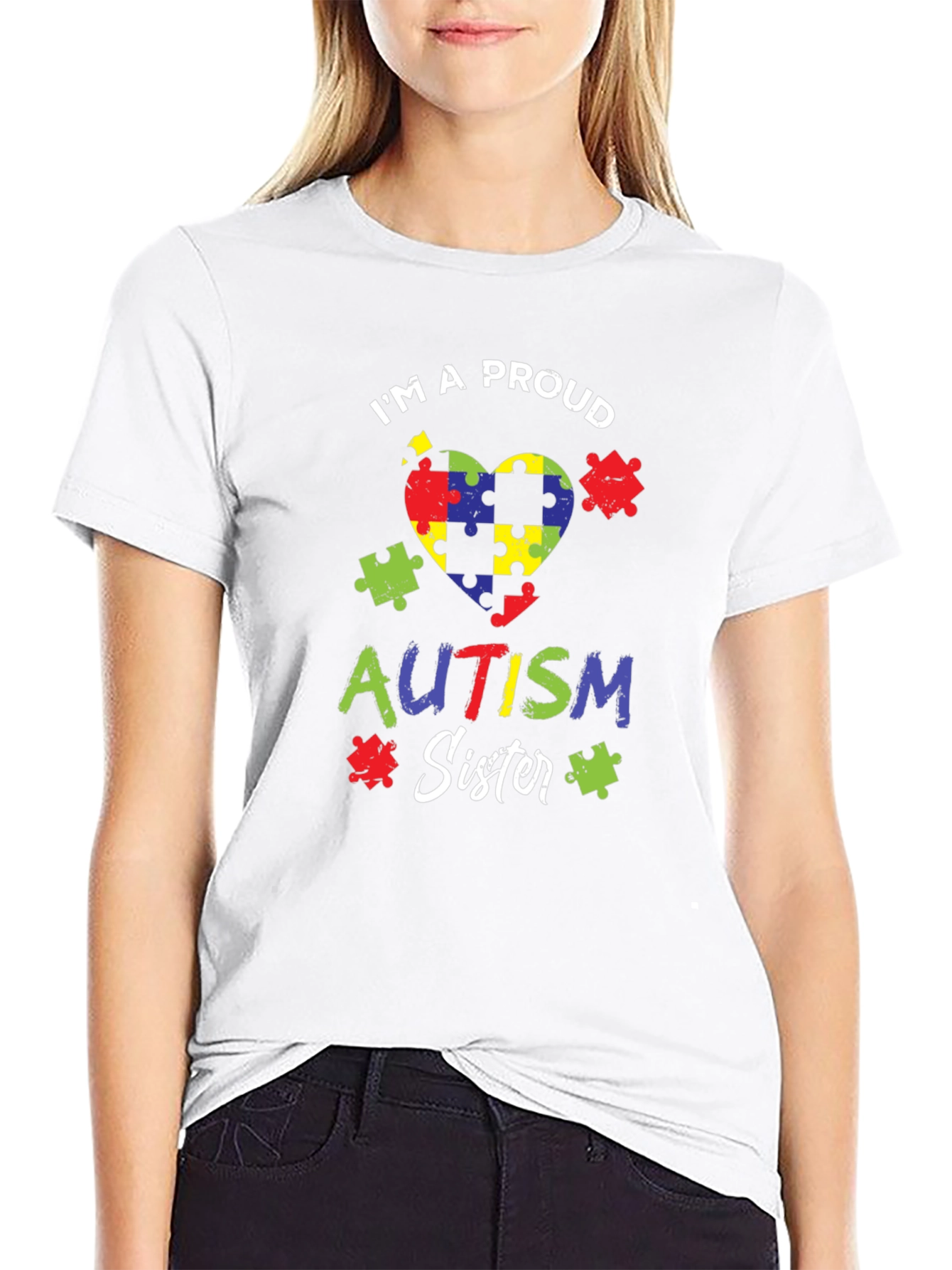 Proud Autism Sister Puzzle Heart T-Shirt
