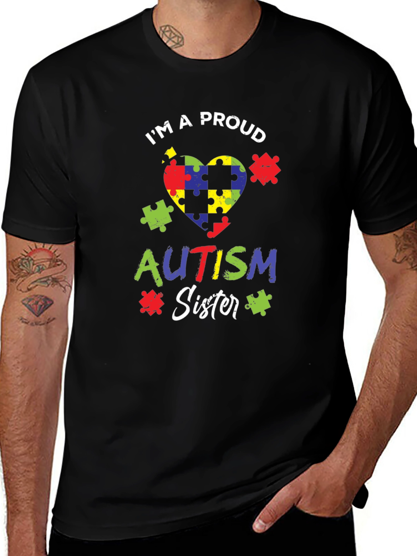 Proud Autism Sister Puzzle Heart T-Shirt