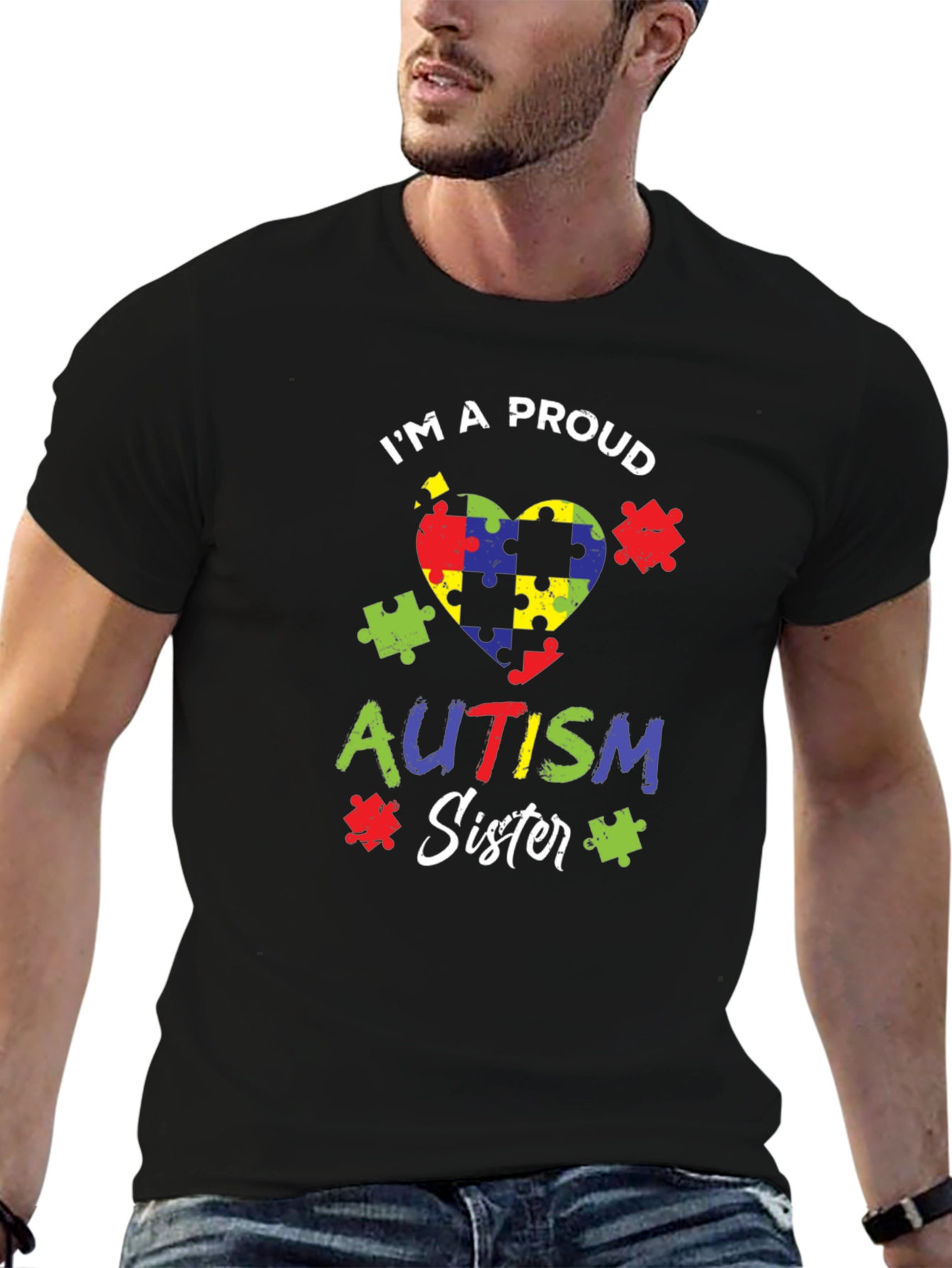 Proud Autism Sister Puzzle Heart T-Shirt