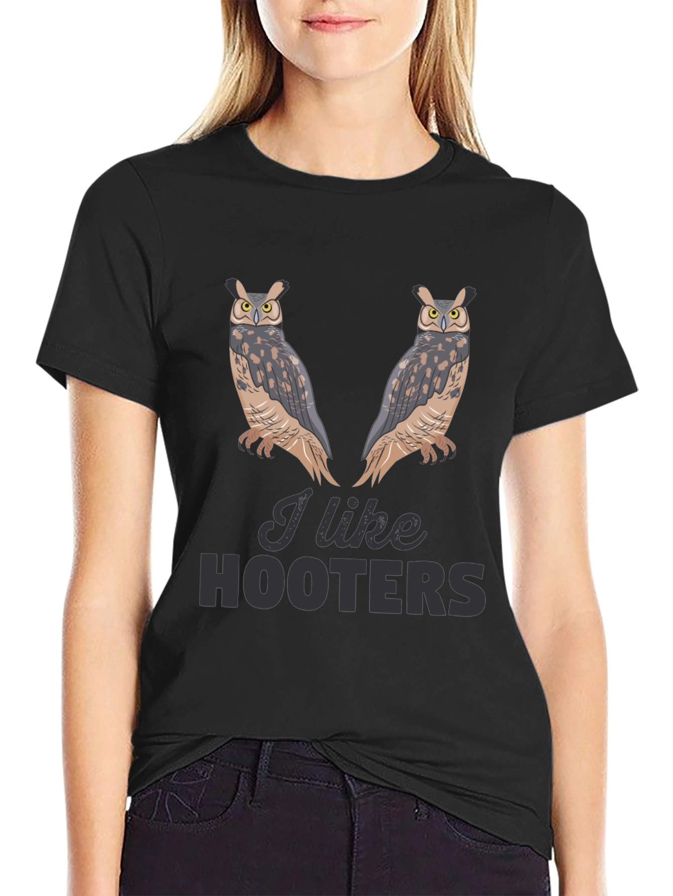 I Like Hooters Owl Graphic Black T-Shirt