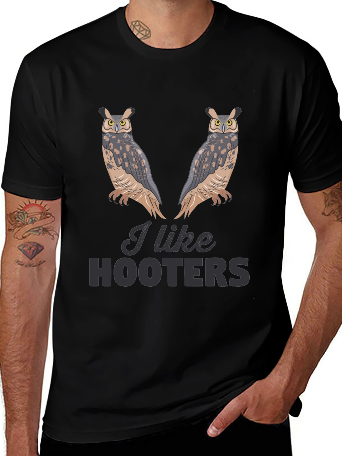 I Like Hooters Owl Graphic Black T-Shirt