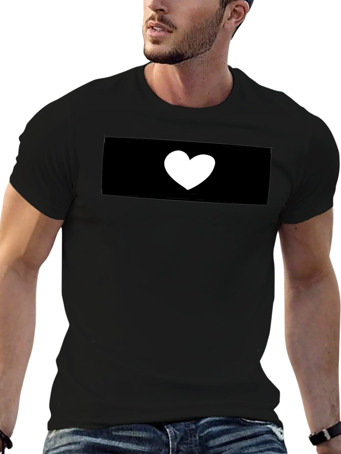Black T-Shirt with White Heart Graphic