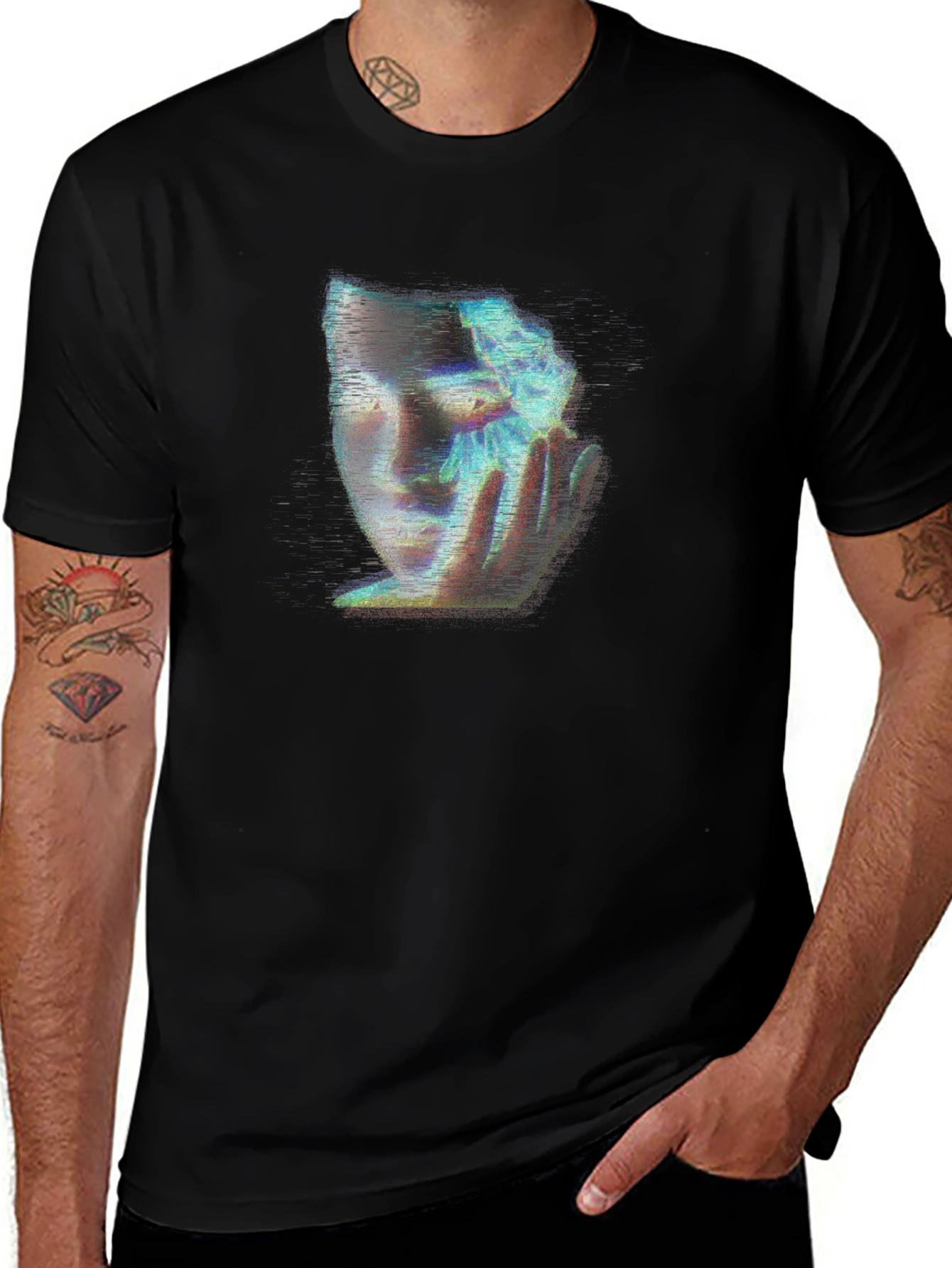 Glitch Art Face Graphic Black T-Shirt