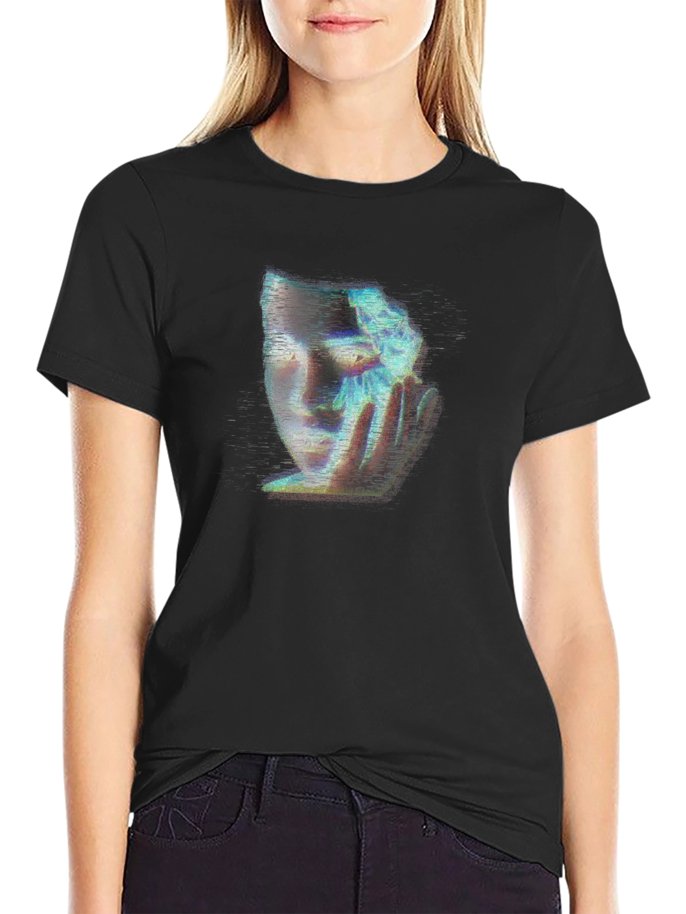 Glitch Art Face Graphic Black T-Shirt