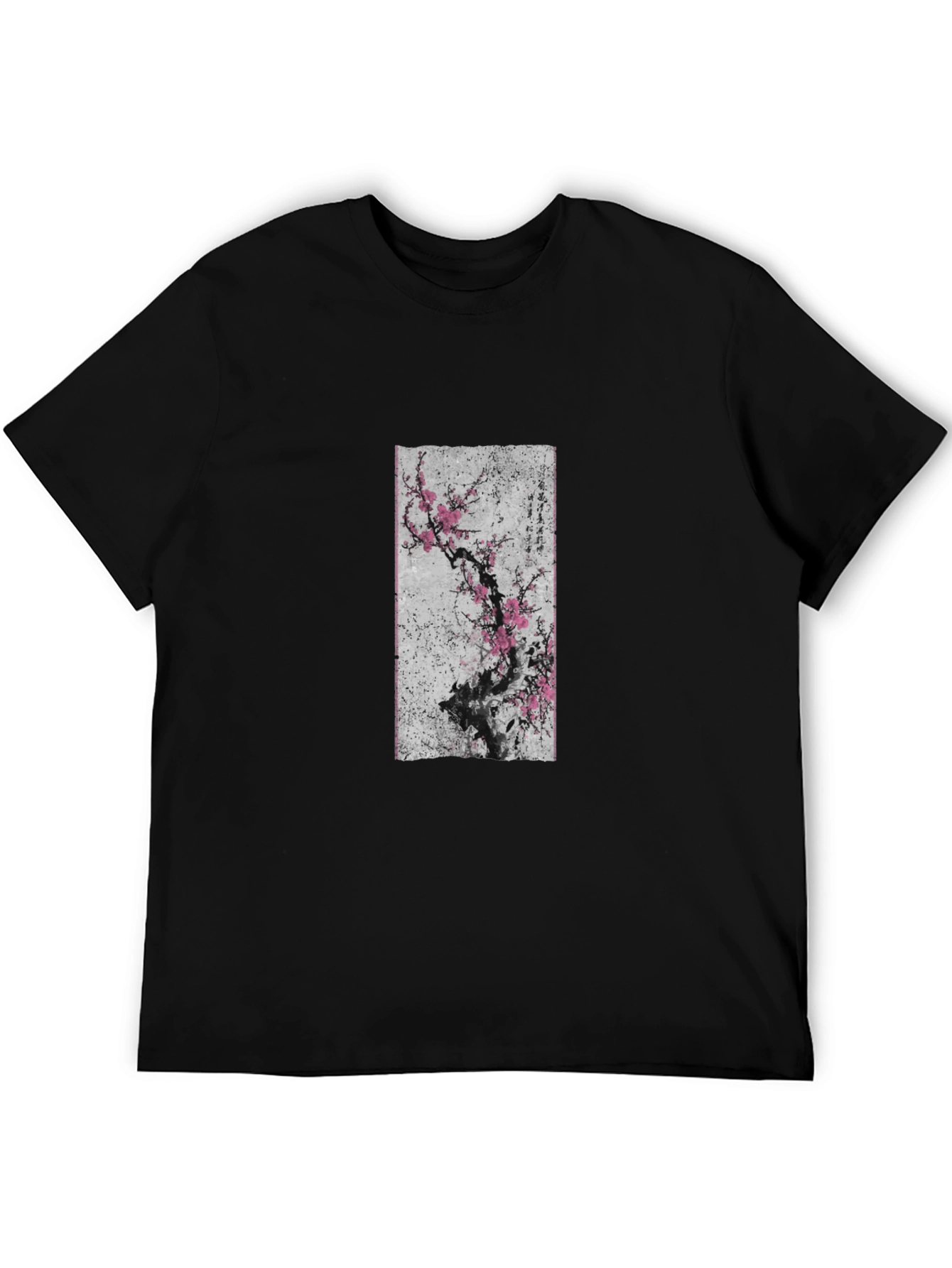 Black T-Shirt with Asian Floral Art