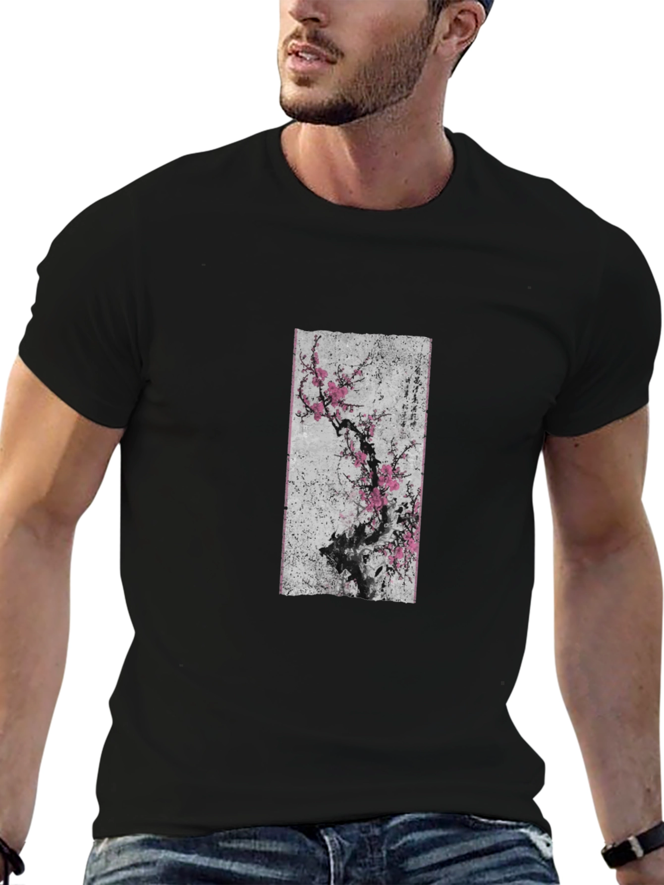 Black T-Shirt with Asian Floral Art