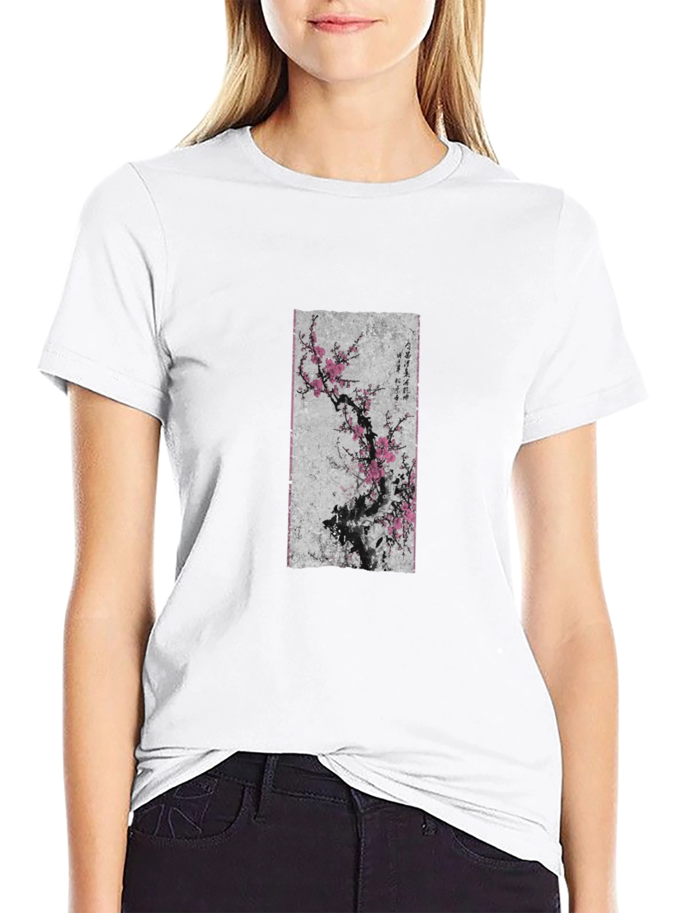 Black T-Shirt with Asian Floral Art
