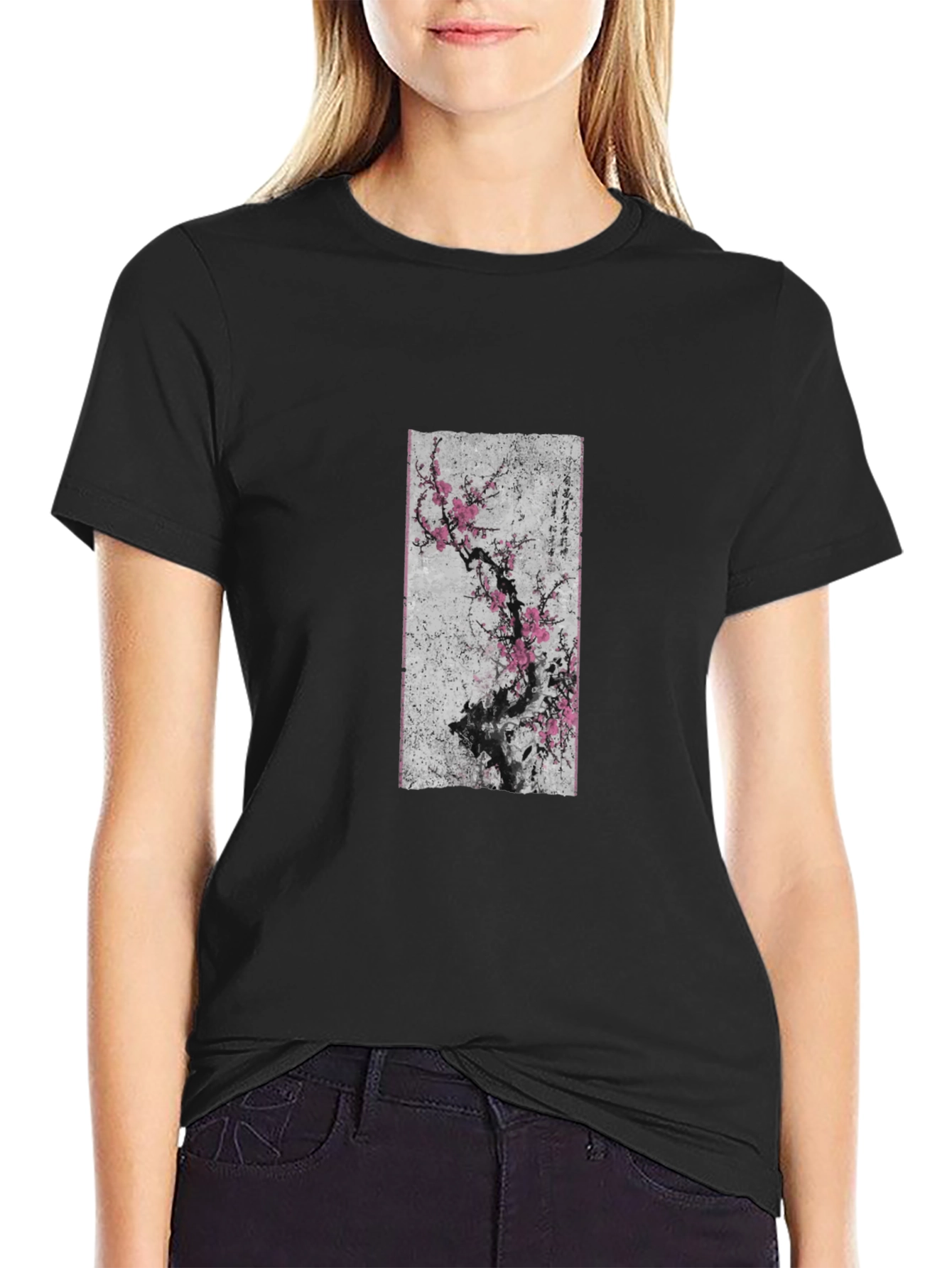 Black T-Shirt with Asian Floral Art