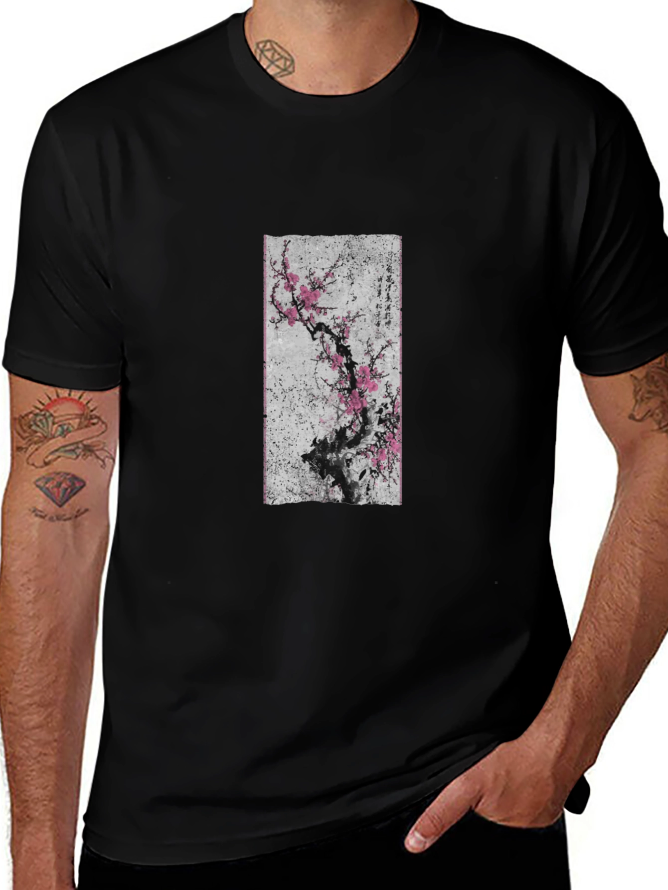 Black T-Shirt with Asian Floral Art