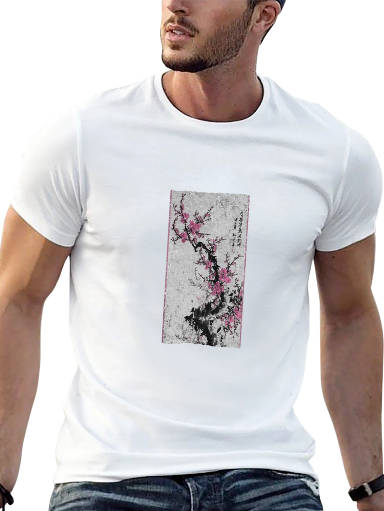 Black T-Shirt with Asian Floral Art