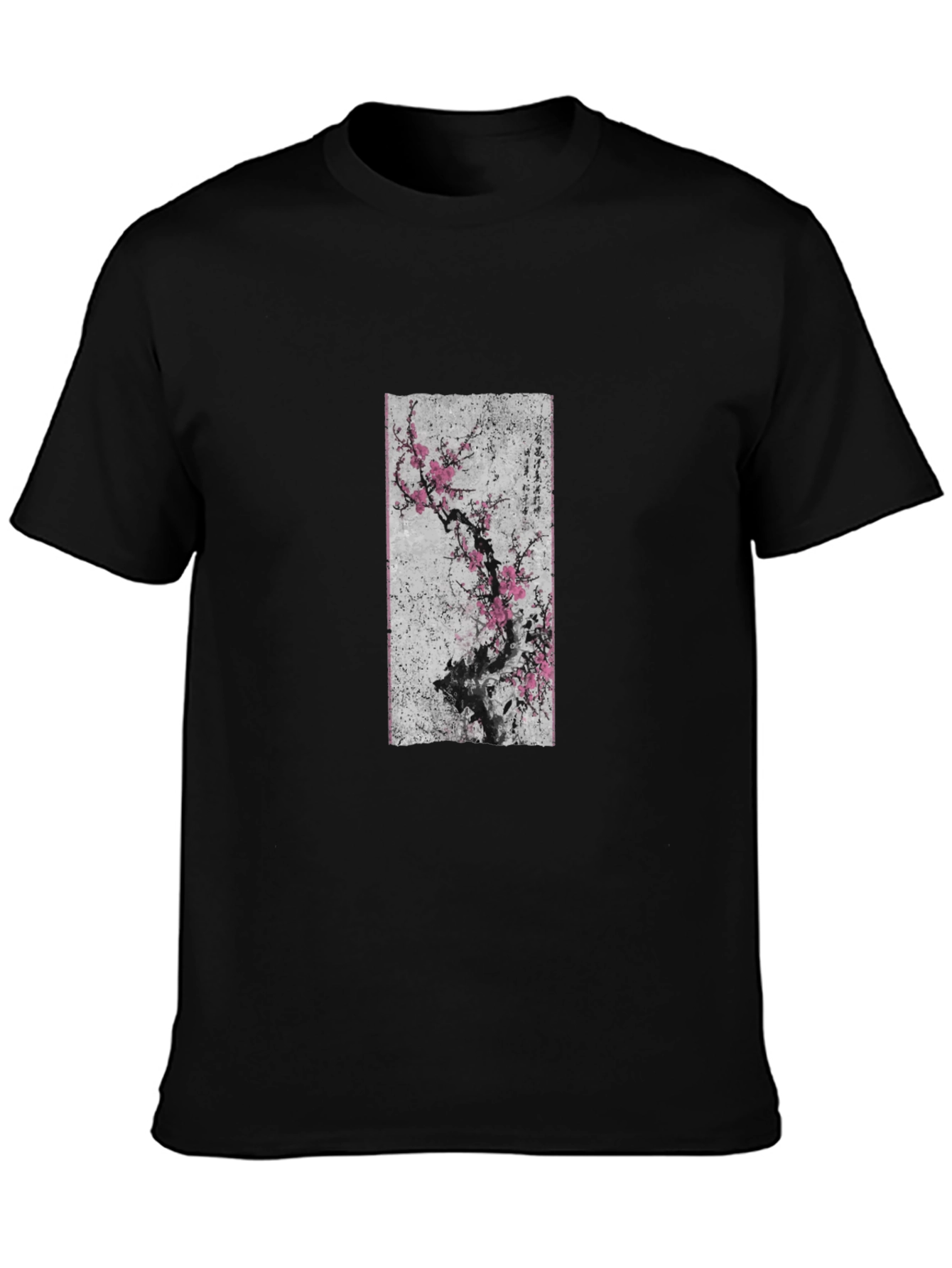 Black T-Shirt with Asian Floral Art