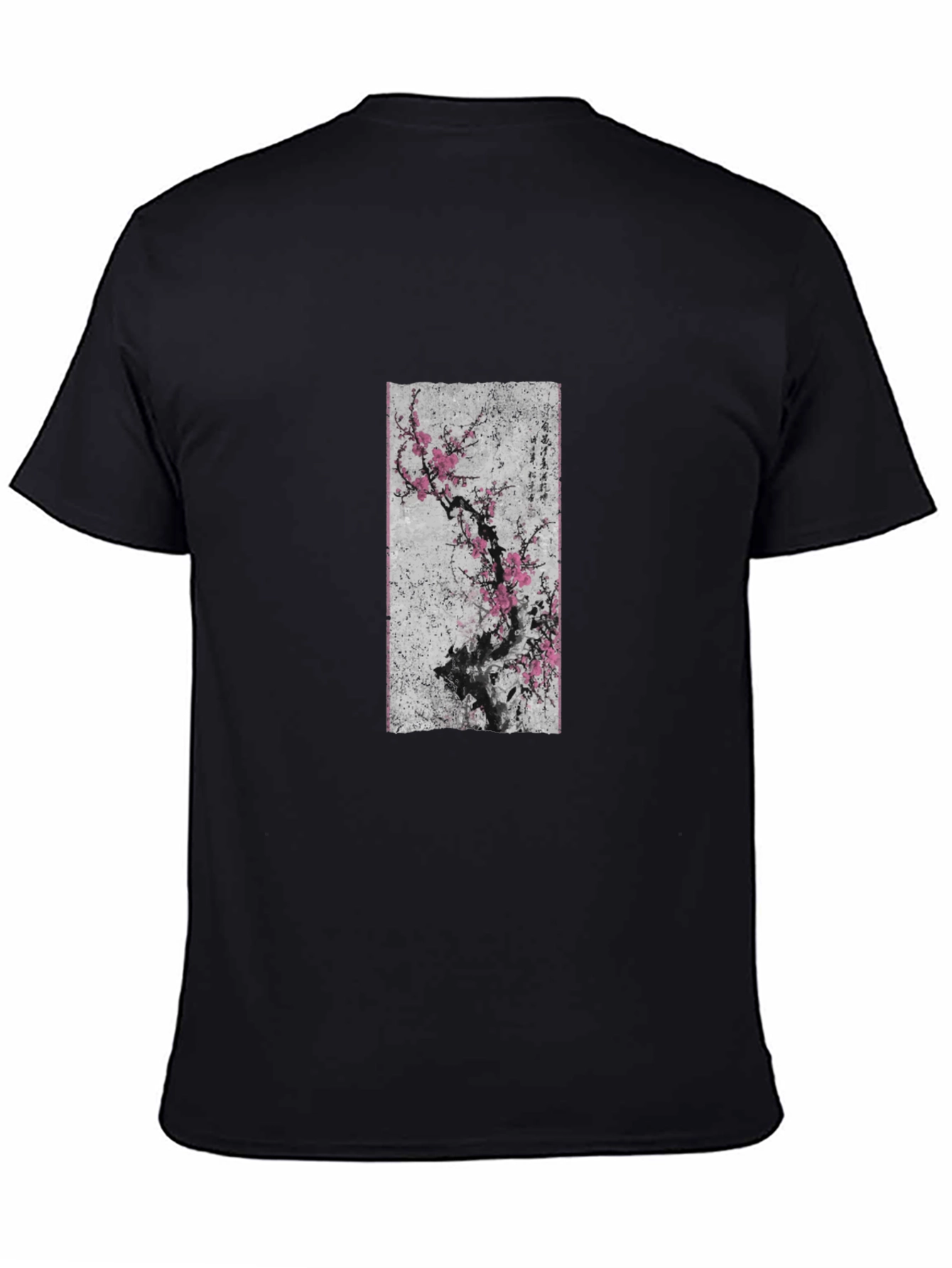 Black T-Shirt with Asian Floral Art