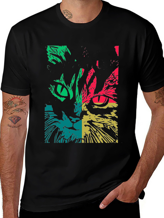 Colorful Pop Art Cat Graphic T-Shirt - Black