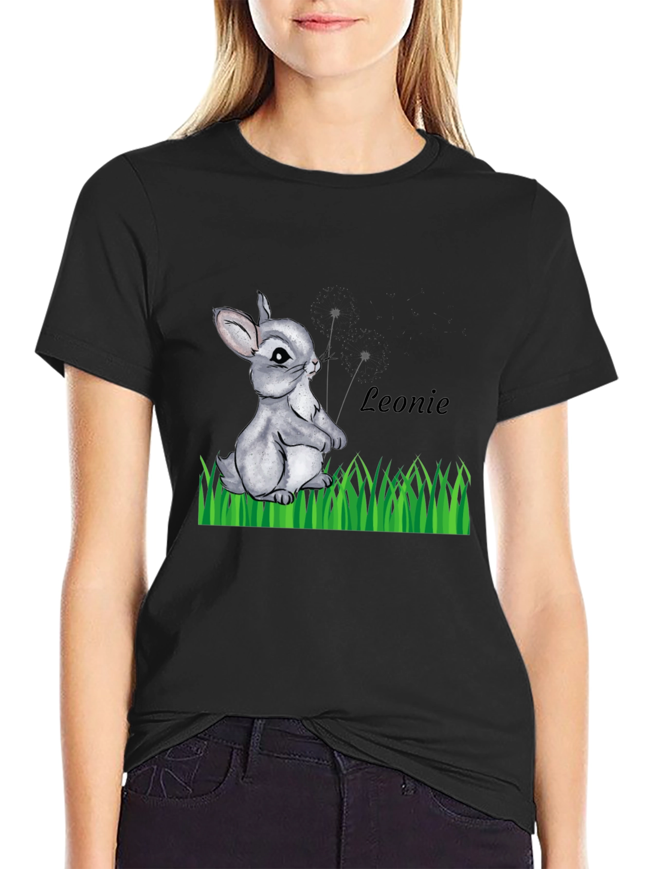 Cute Bunny Graphic Tee - Leonie Personalized Black T-Shirt