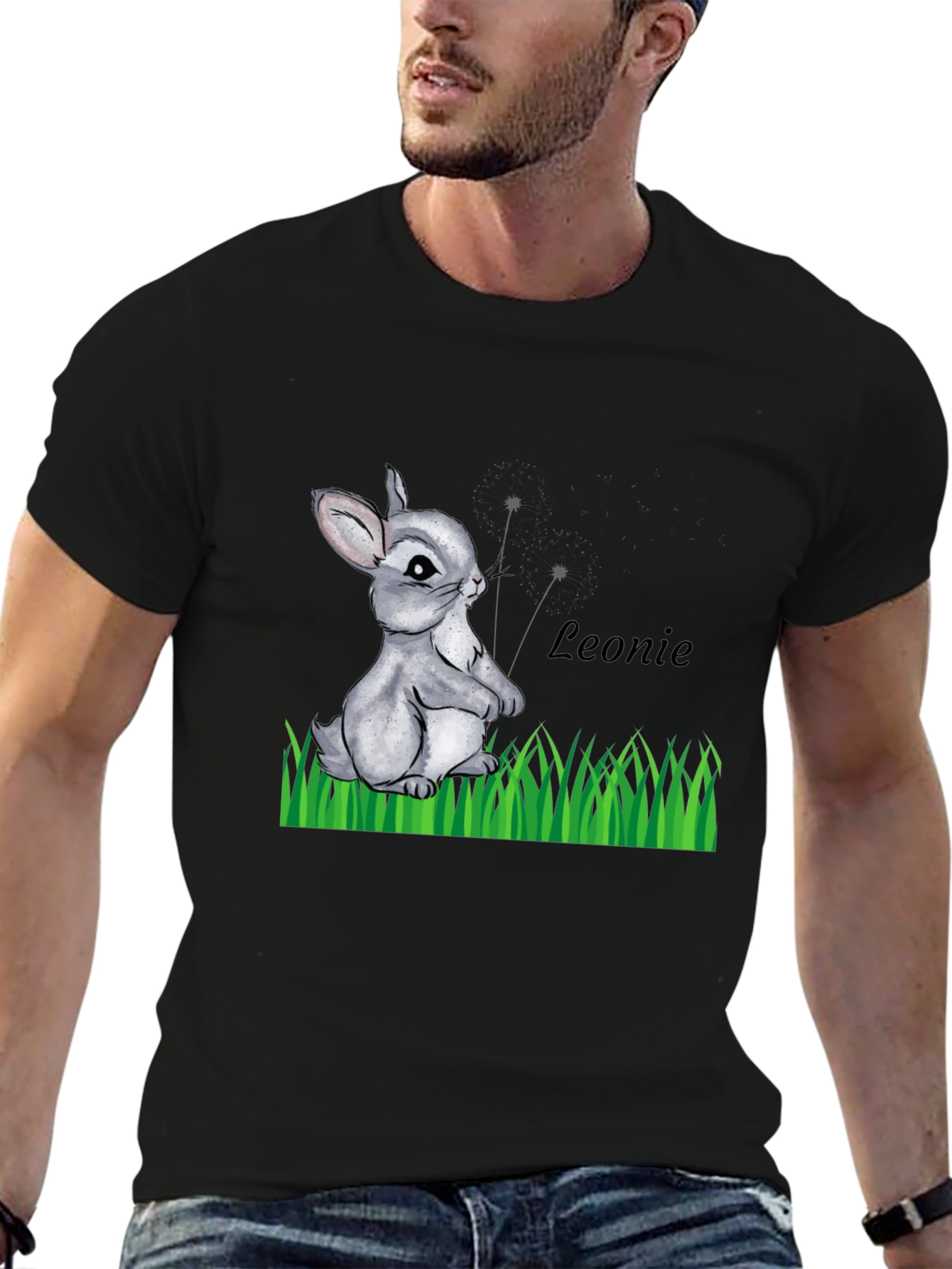 Cute Bunny Graphic Tee - Leonie Personalized Black T-Shirt