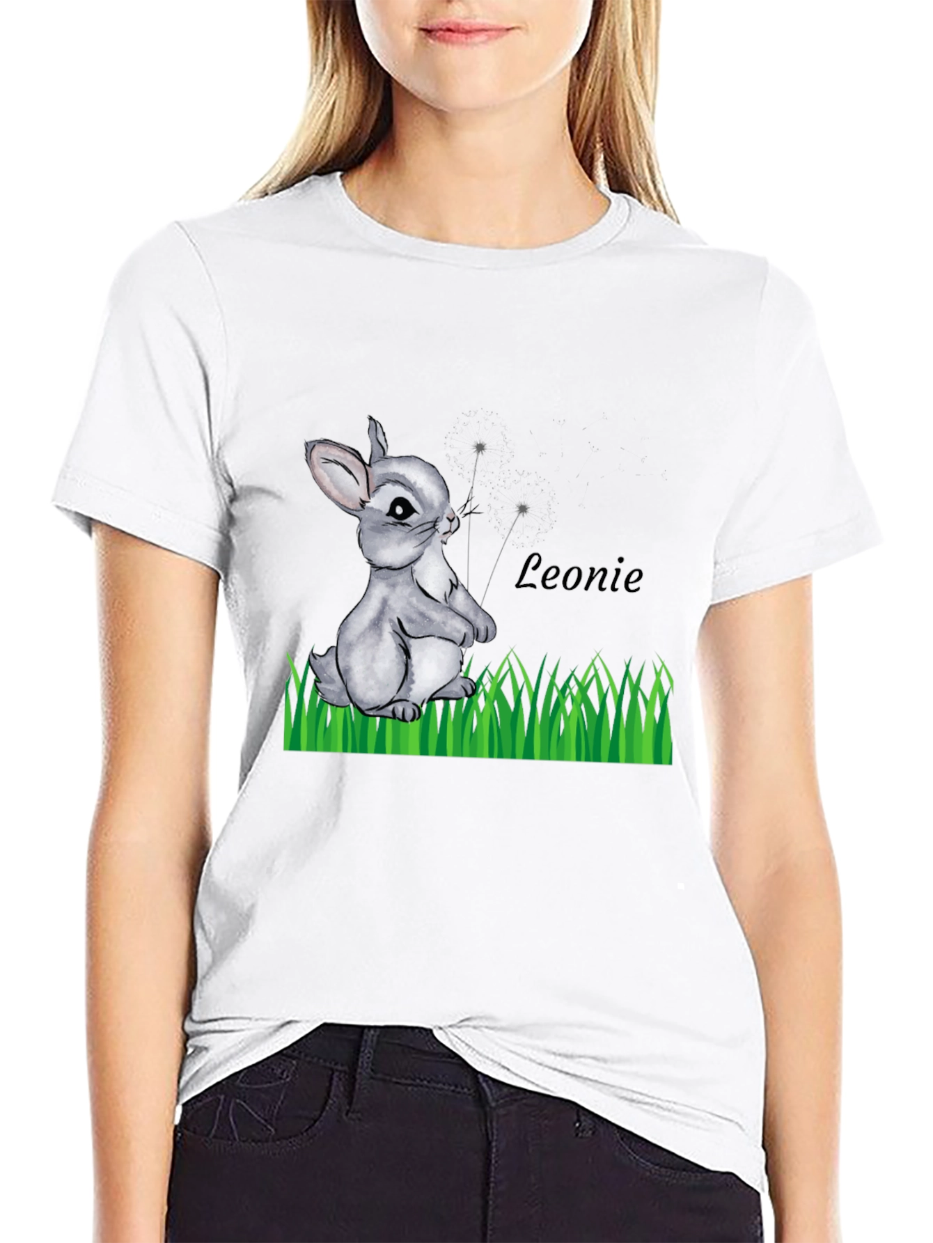 Cute Bunny Graphic Tee - Leonie Personalized Black T-Shirt