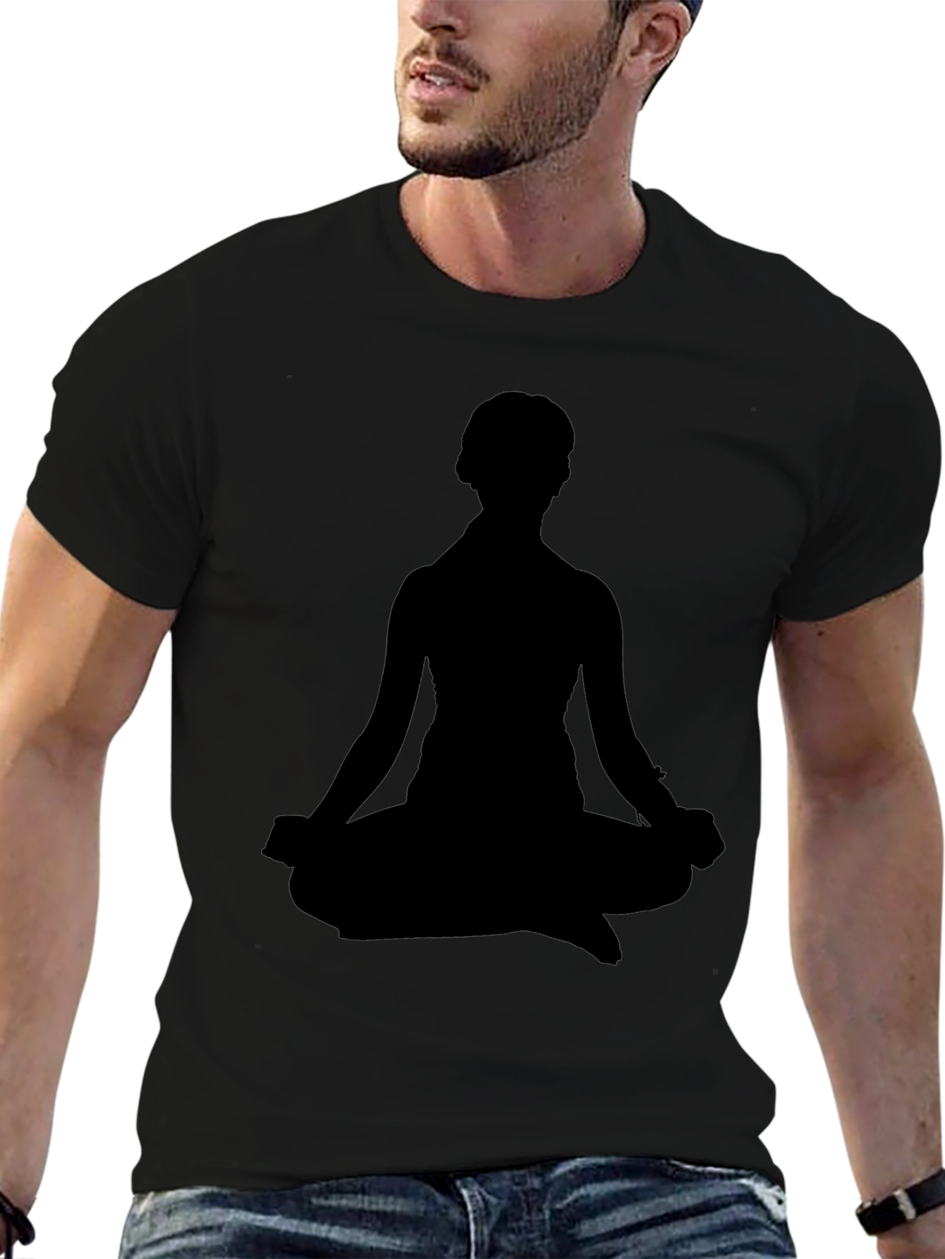 Mens Black T-Shirt - Meditating Silhouette Design