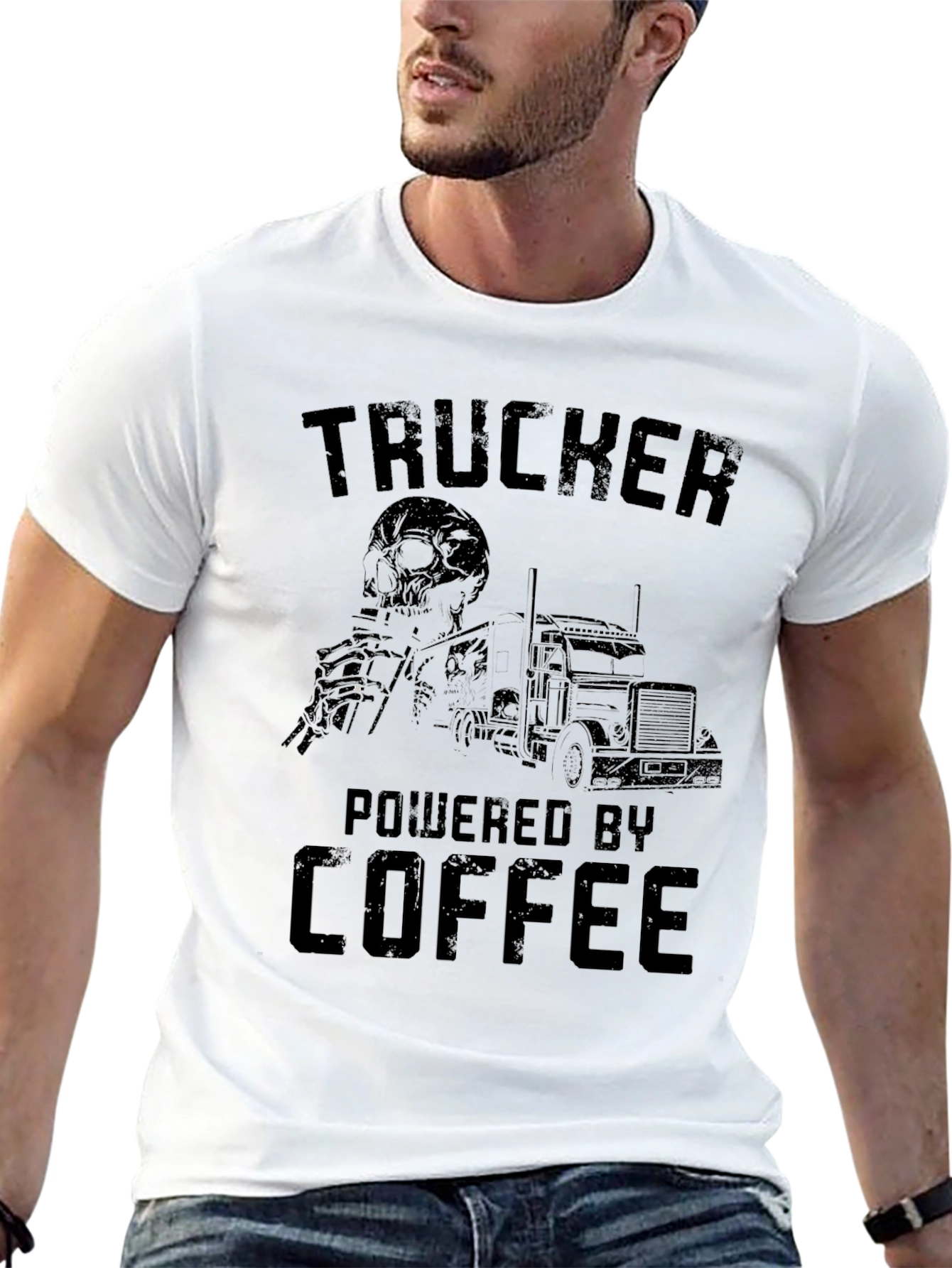 Trucker Powered by Coffee Graphic T-Shirt