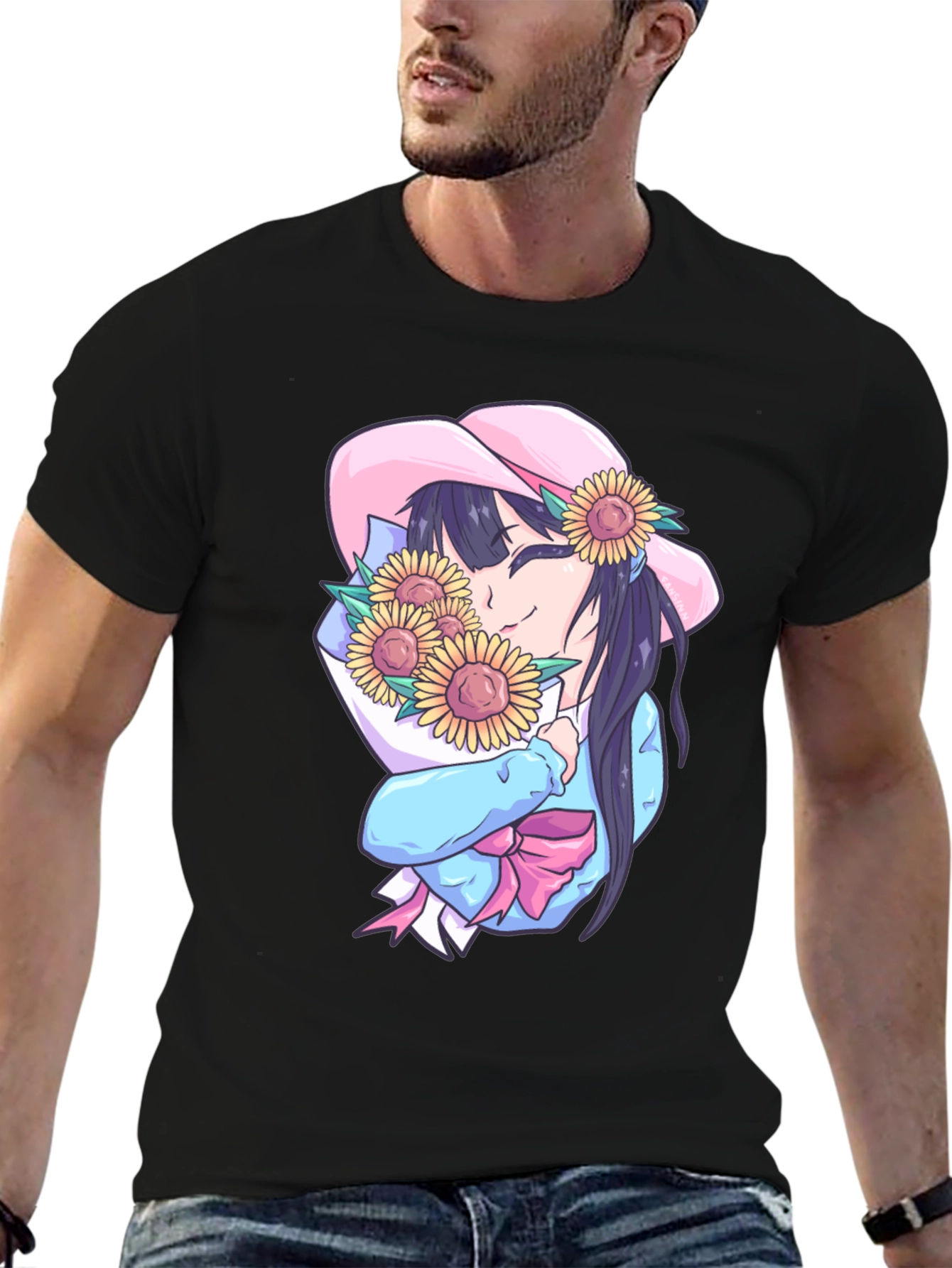Anime Girl with Sunflowers Graphic Tee
