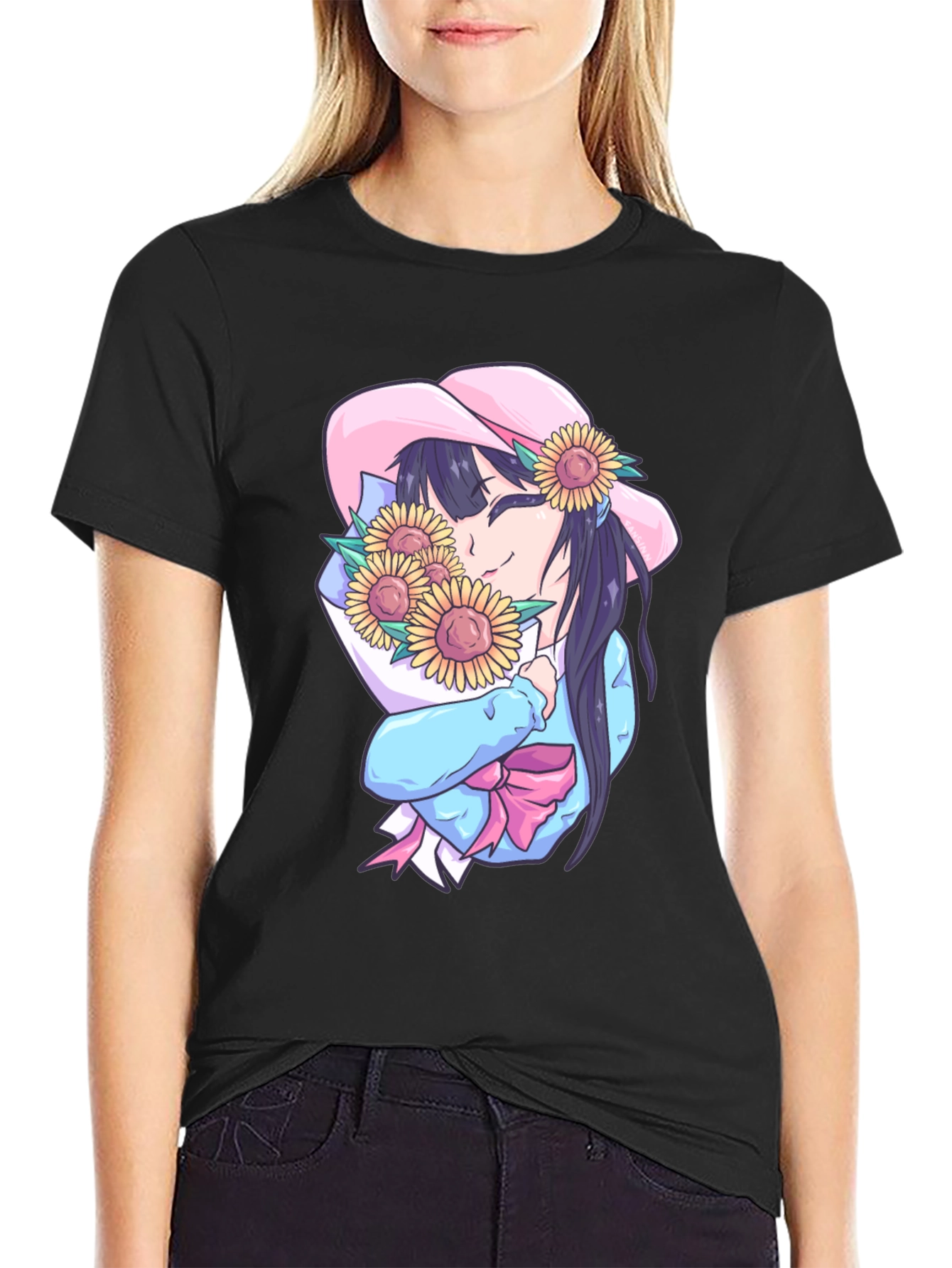 Anime Girl with Sunflowers Graphic Tee