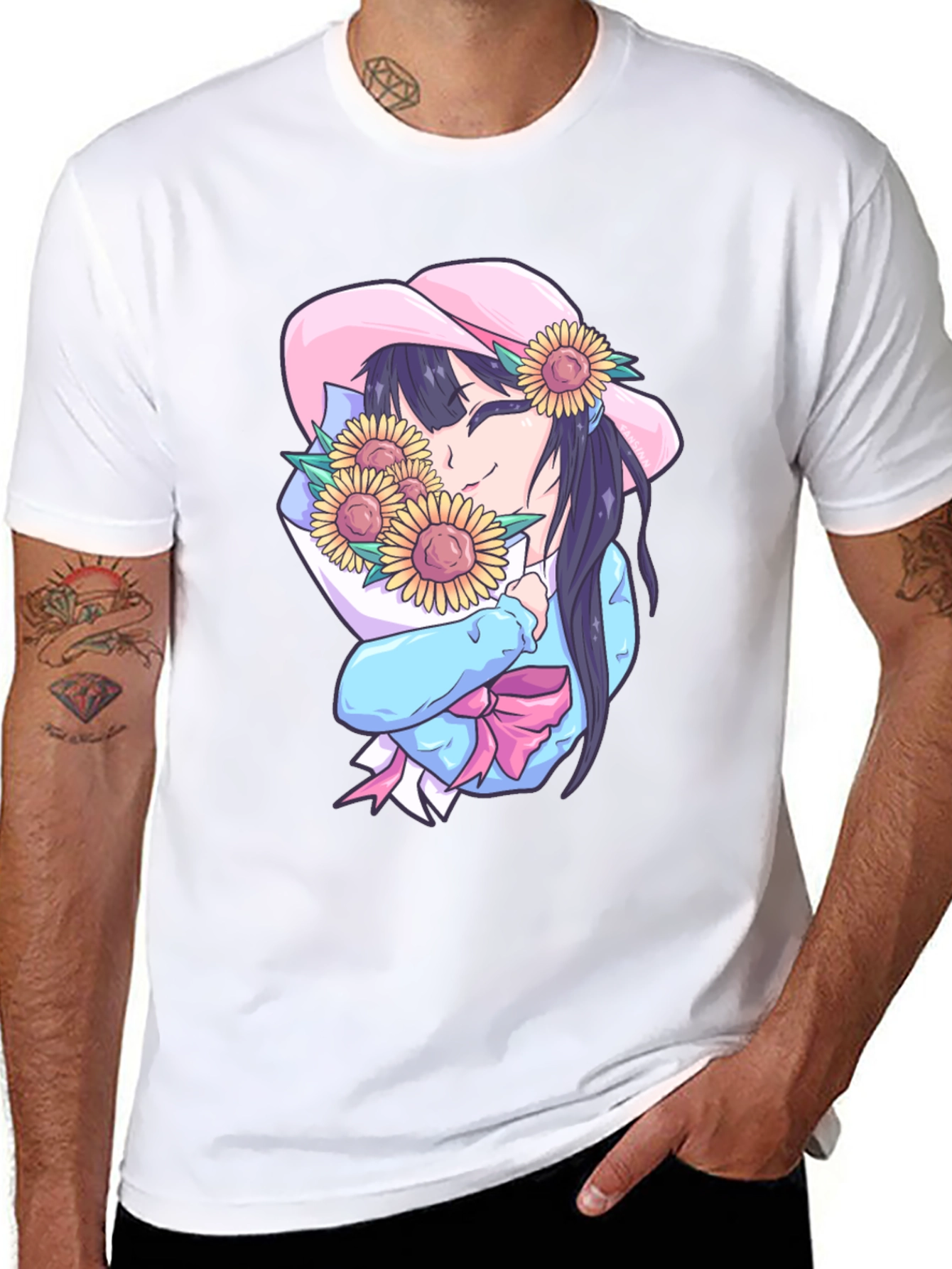 Anime Girl with Sunflowers Graphic Tee