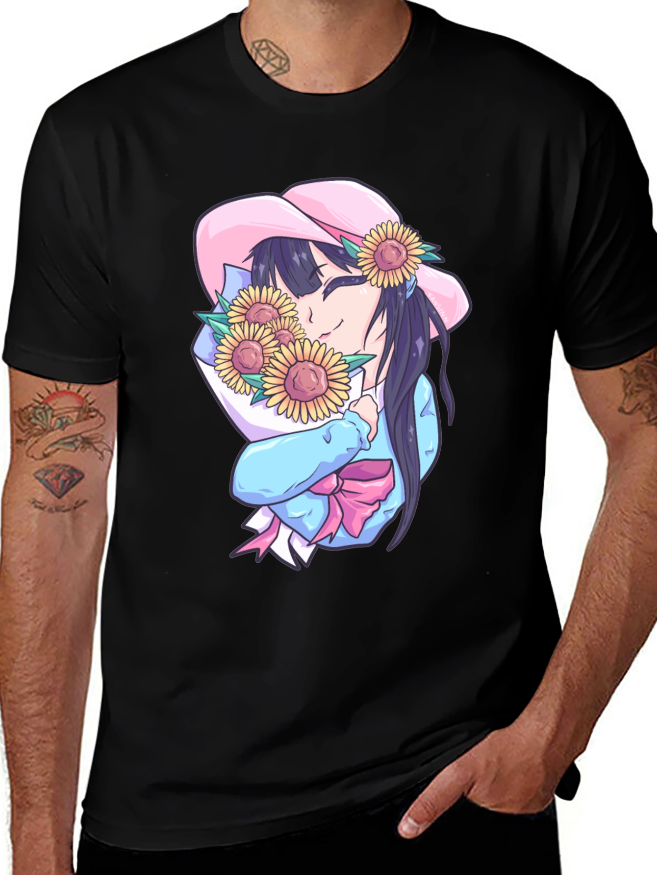 Anime Girl with Sunflowers Graphic Tee