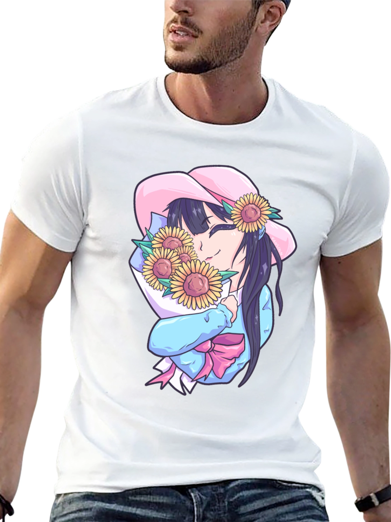 Anime Girl with Sunflowers Graphic Tee