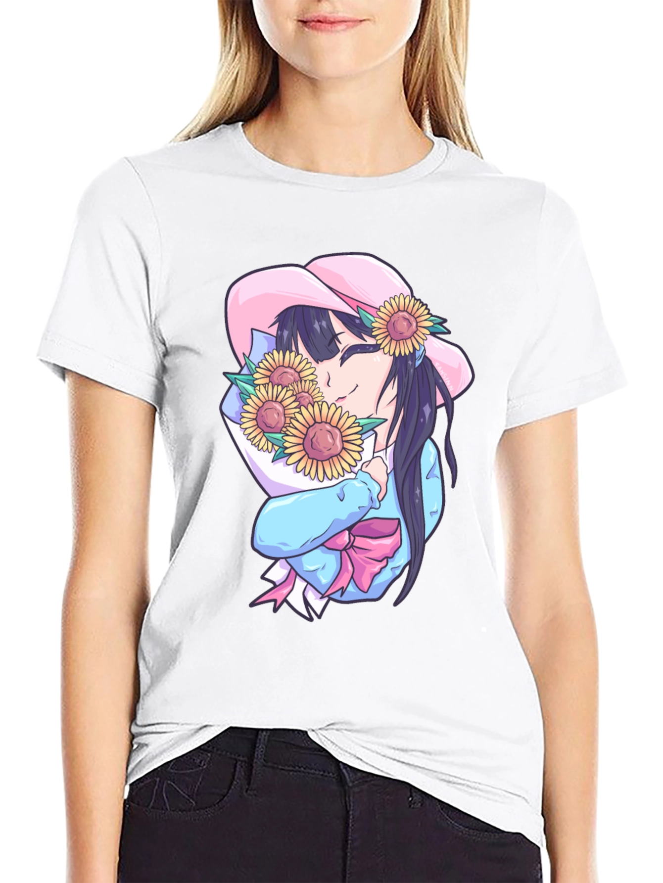 Anime Girl with Sunflowers Graphic Tee