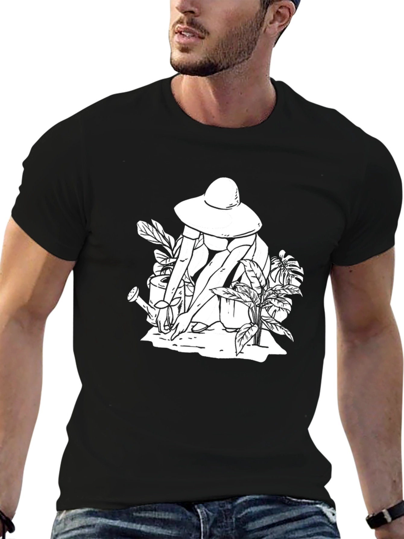 Black Graphic Tee: Gardening Woman