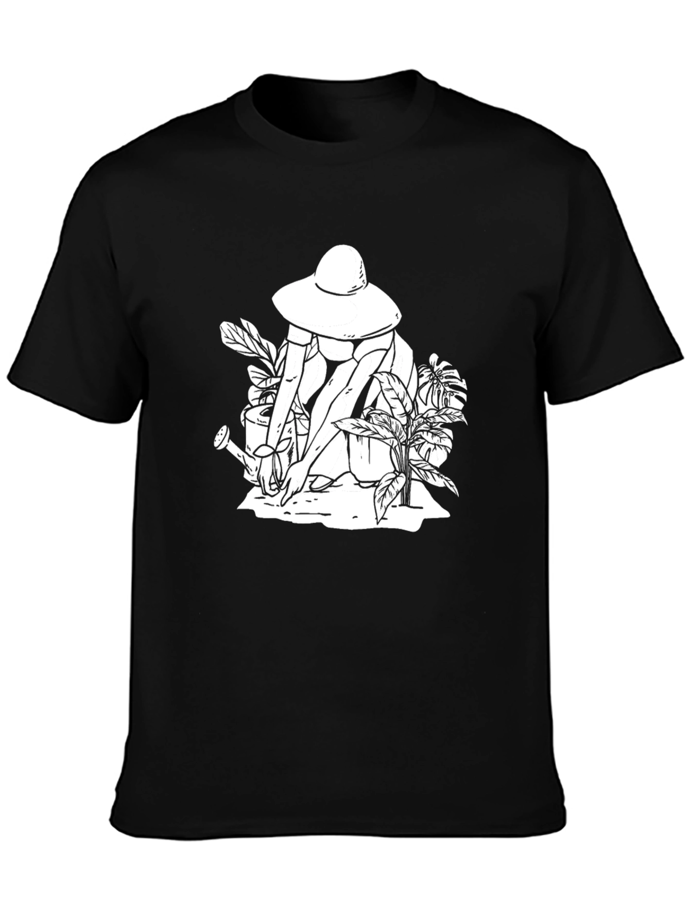 Black Graphic Tee: Gardening Woman