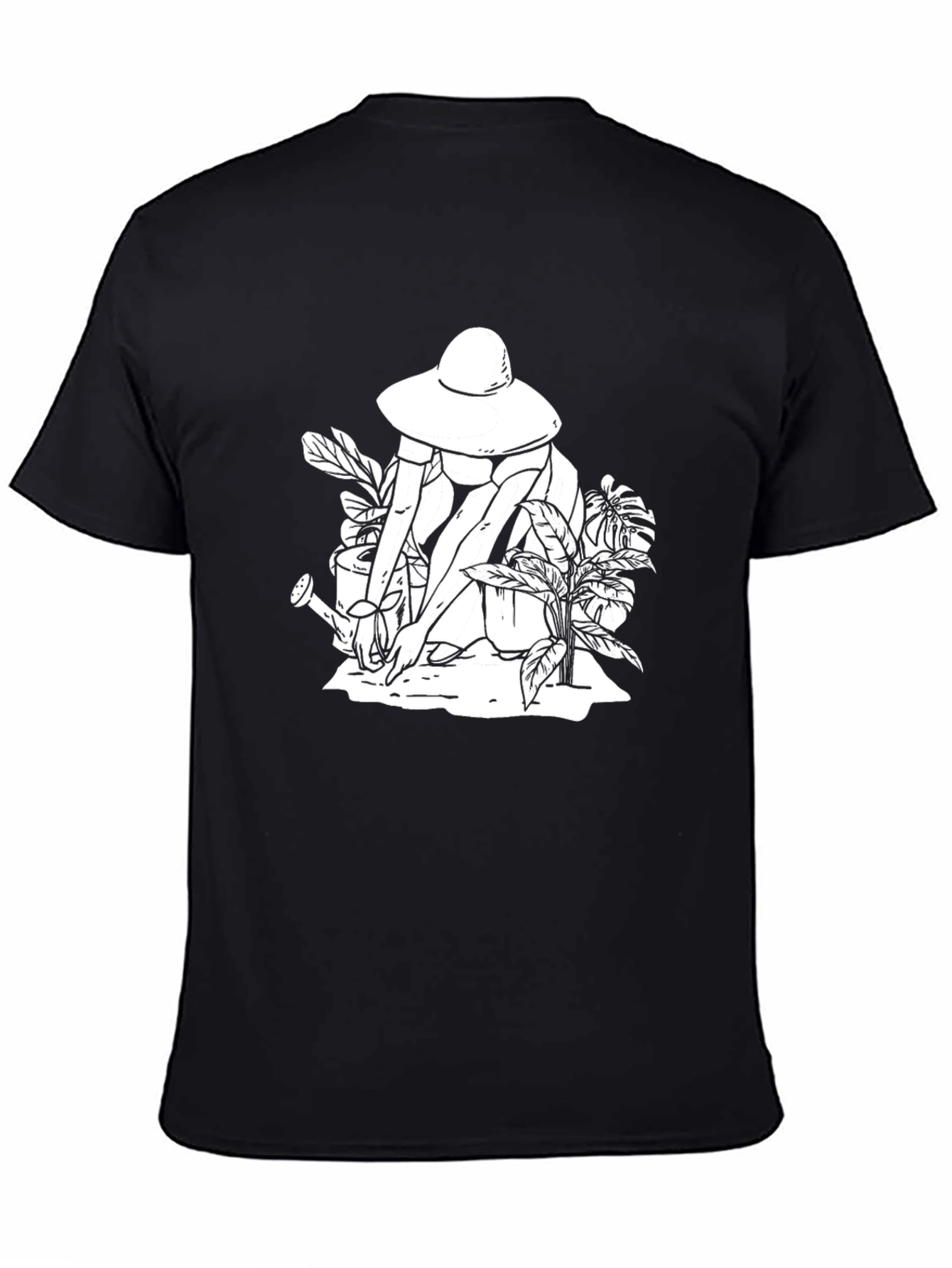 Black Graphic Tee: Gardening Woman