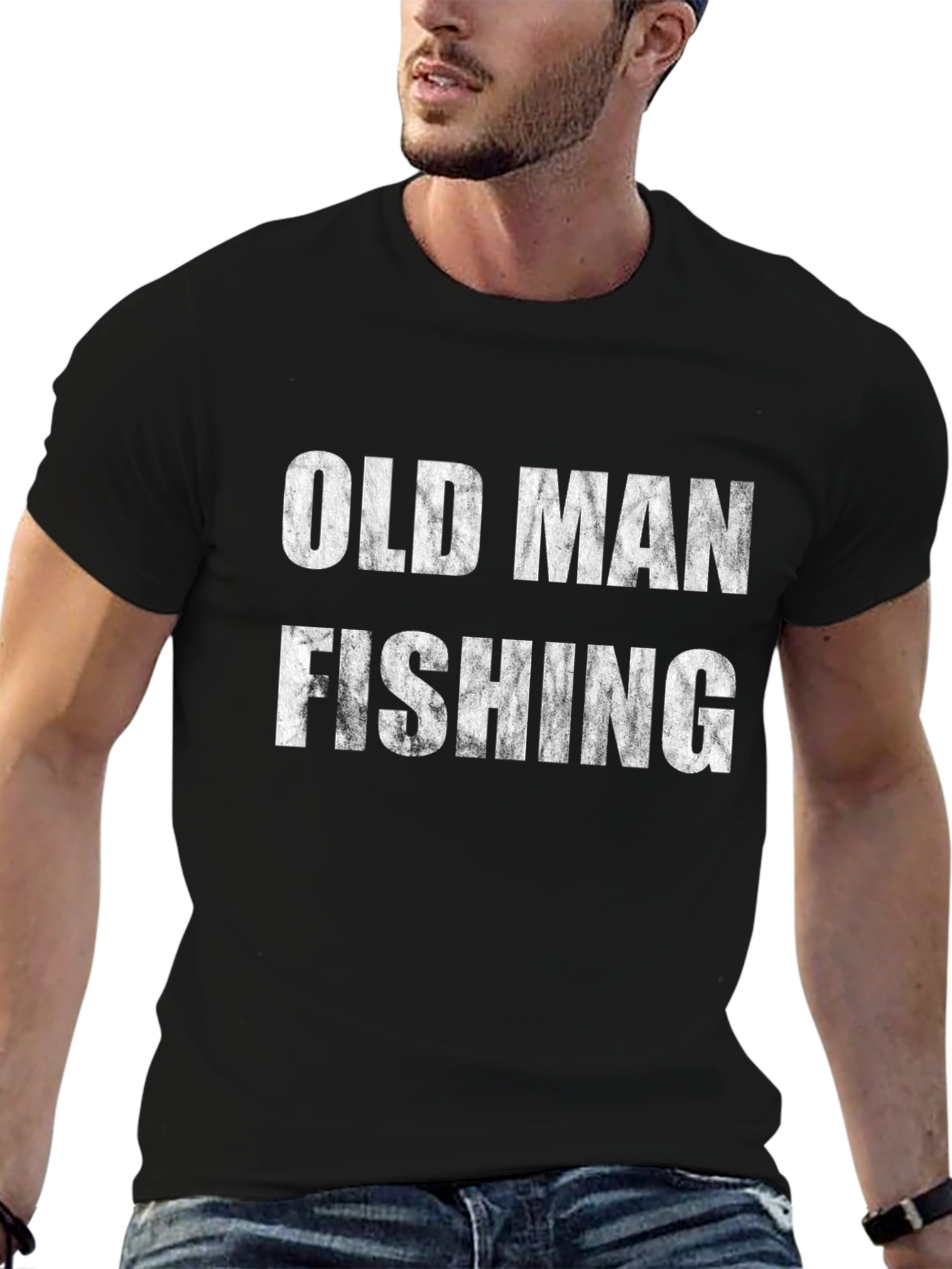 Old Man Fishing Black T-Shirt