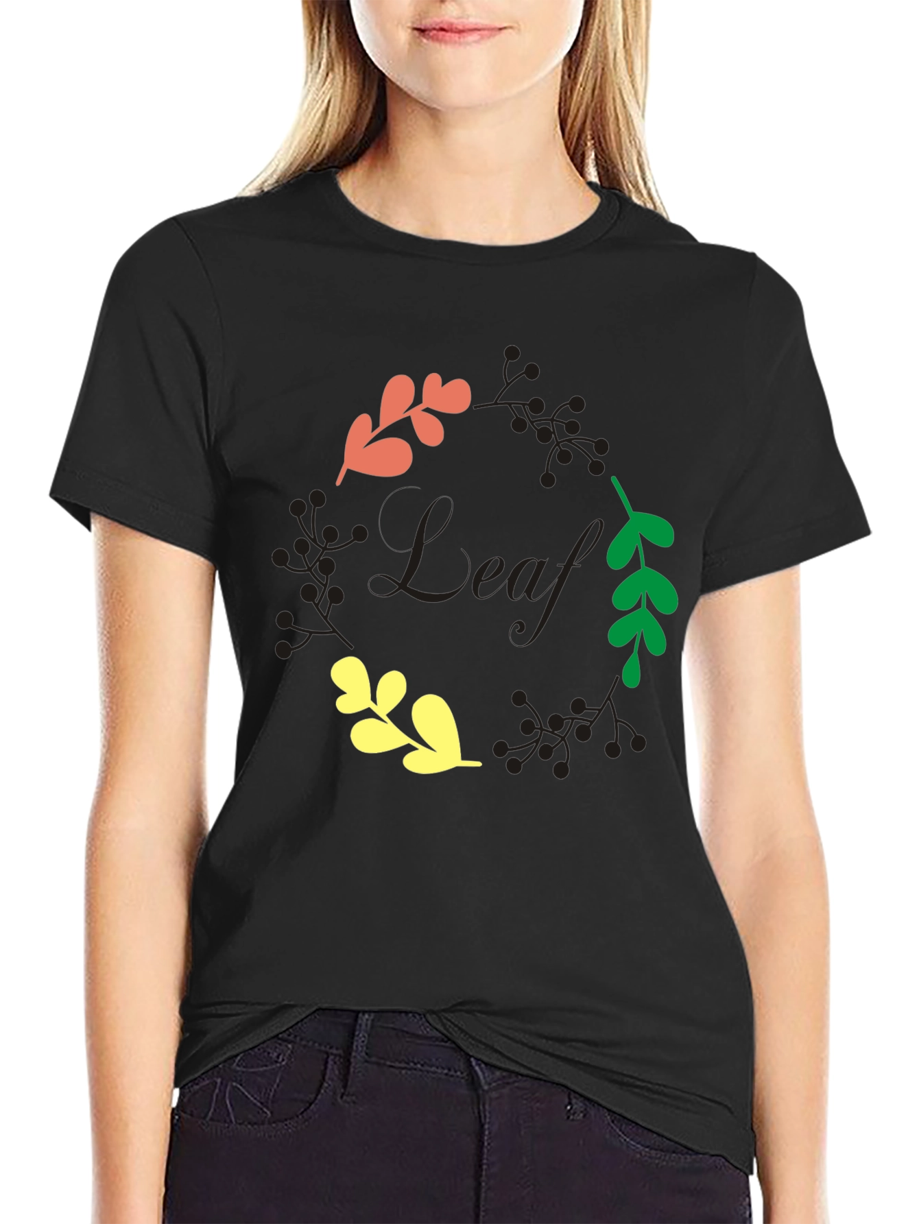 Leaf Graphic Print Black T-Shirt