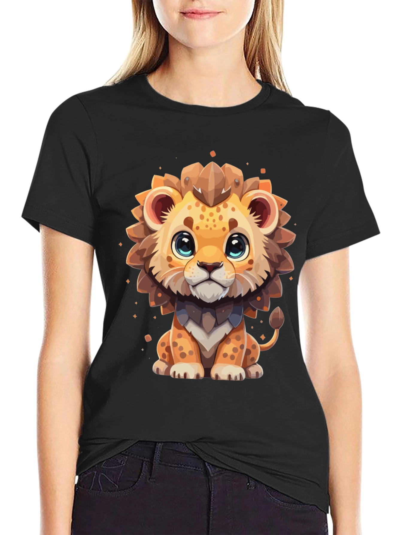 Cute Cartoon Lion Black T-Shirt