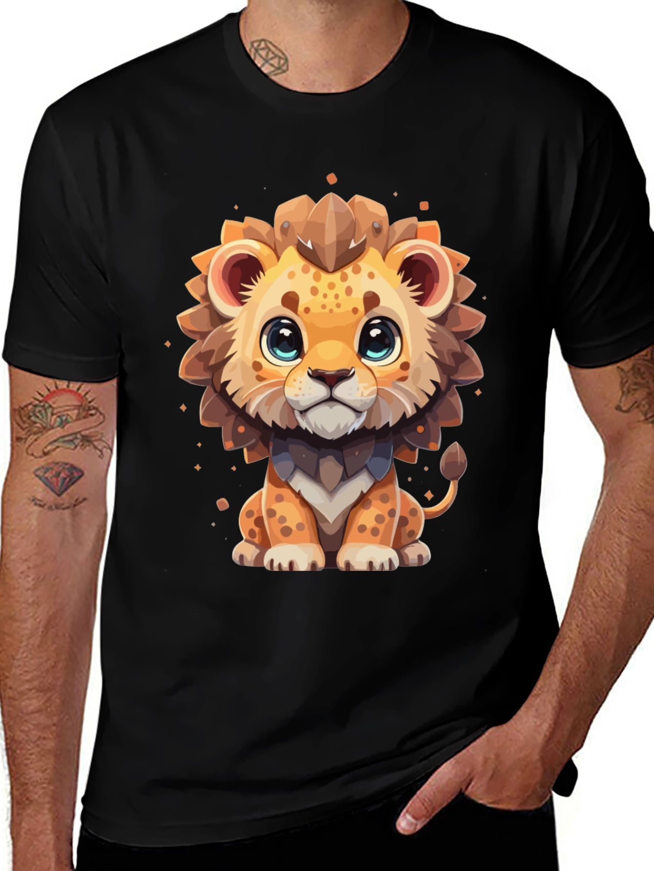 Cute Cartoon Lion Black T-Shirt
