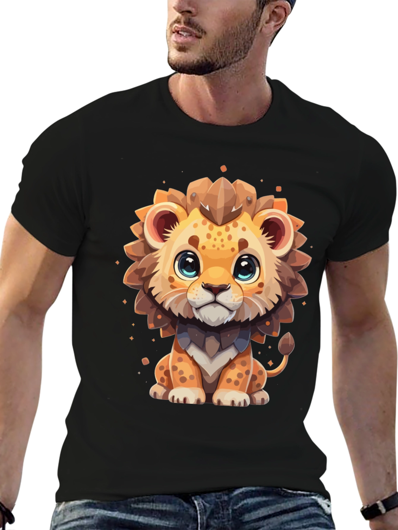 Cute Cartoon Lion Black T-Shirt